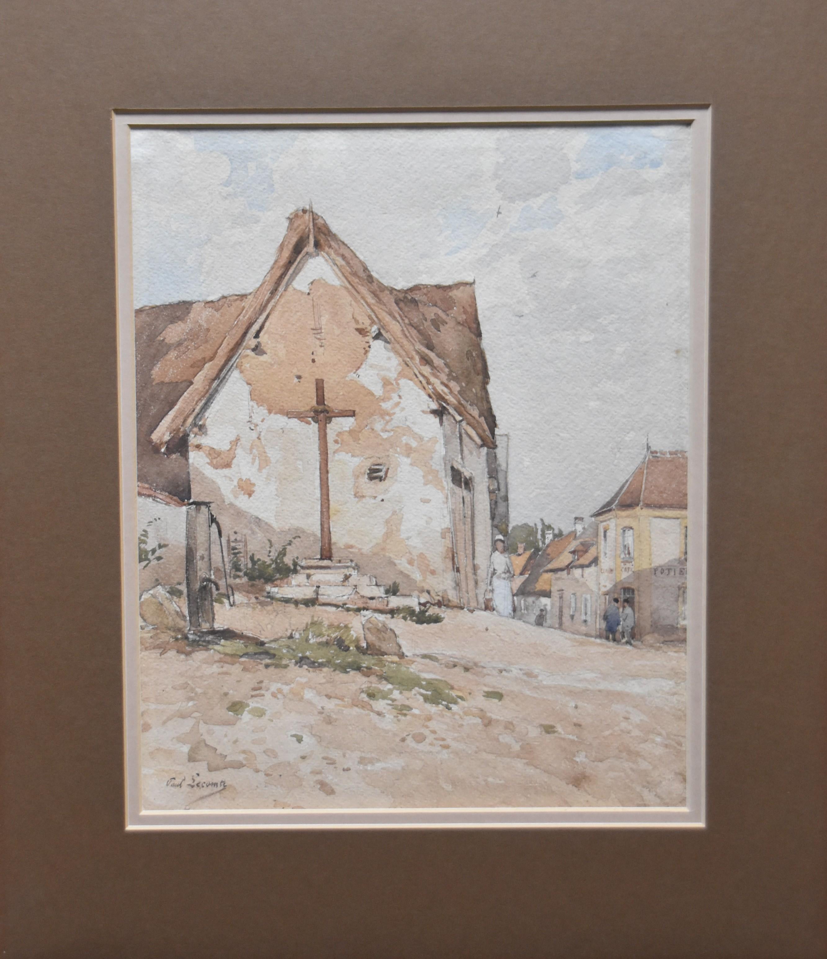 Paul Lecomte (1842-1920) Une rue de village avec un calvary, aquarelle en vente 2