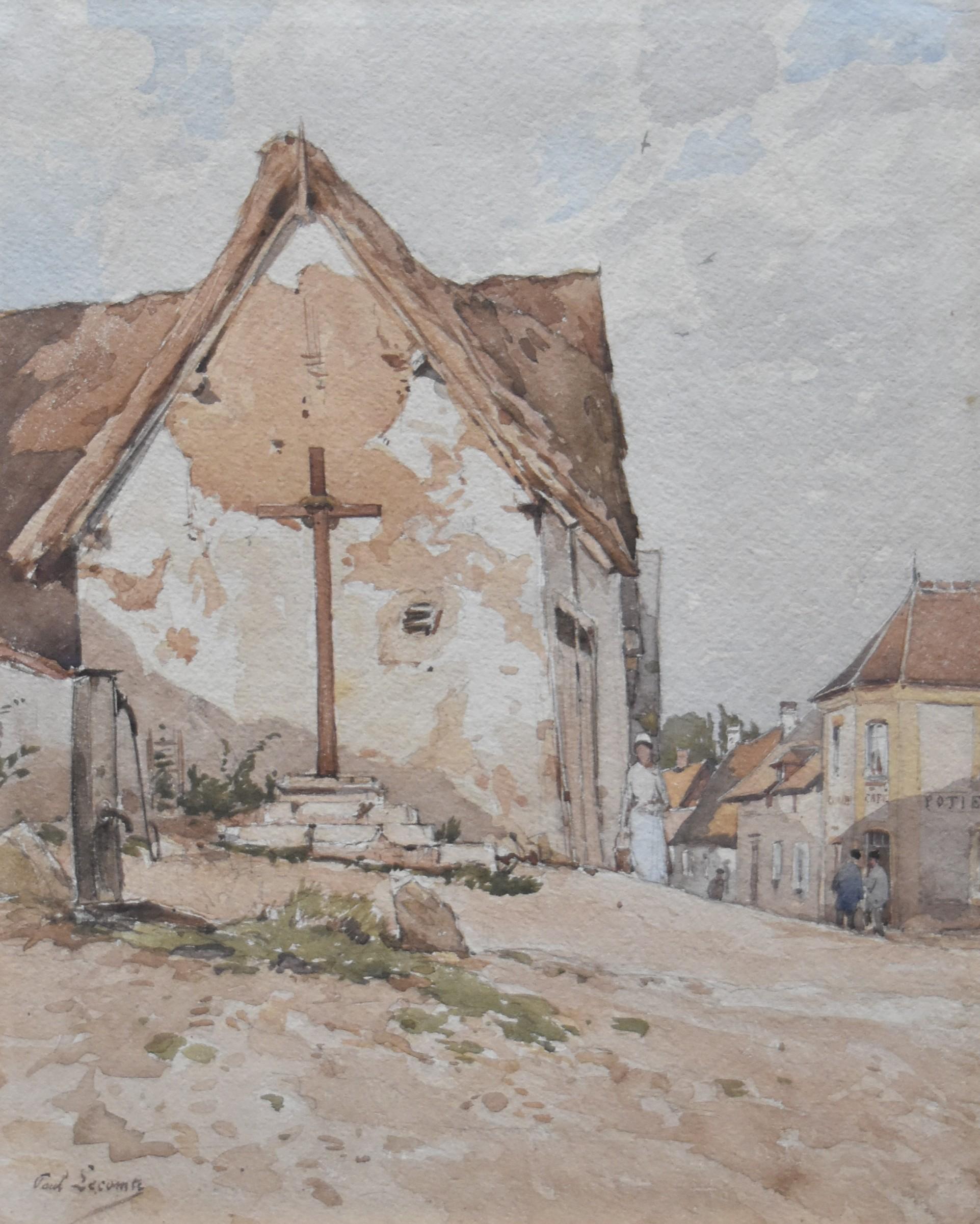Paul Lecomte (1842-1920) A village street with a calvary, watercolor For Sale 3