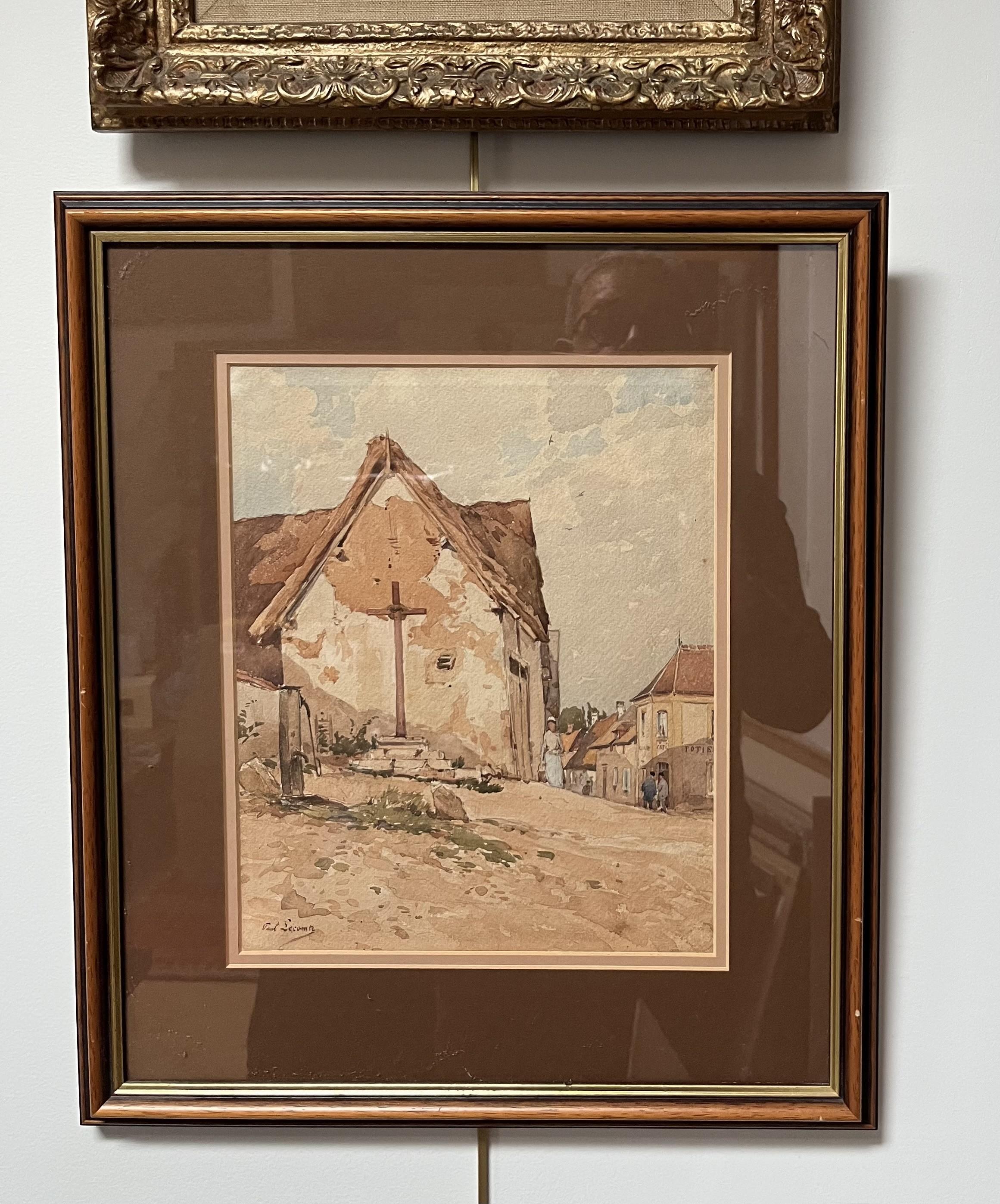 Paul Lecomte (1842-1920) Una strada di paese con un calvario, acquerello in vendita 6