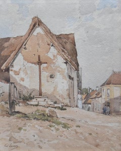 Paul Lecomte (1842-1920) Une rue de village avec un calvary, aquarelle