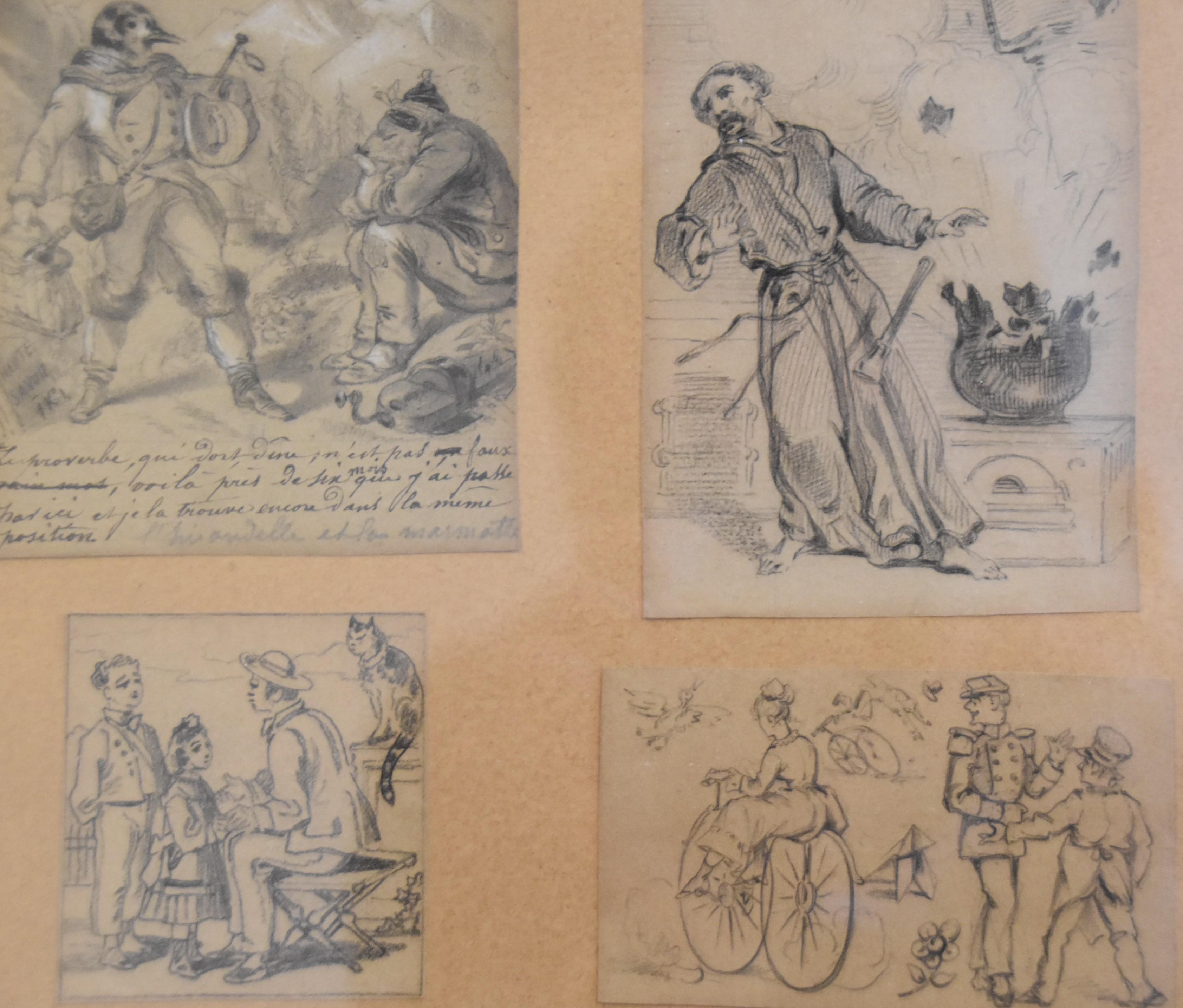 France, 19th century
Set of nine humoristic drawings, various subjects in the same mount
Black pencil, for some of them with highlights of white gouache
various dimensions : 6 x 5.5 cm to 11 x 7.5 cm
Dimensions of the mount 25 x 30 cm
Framed, frame