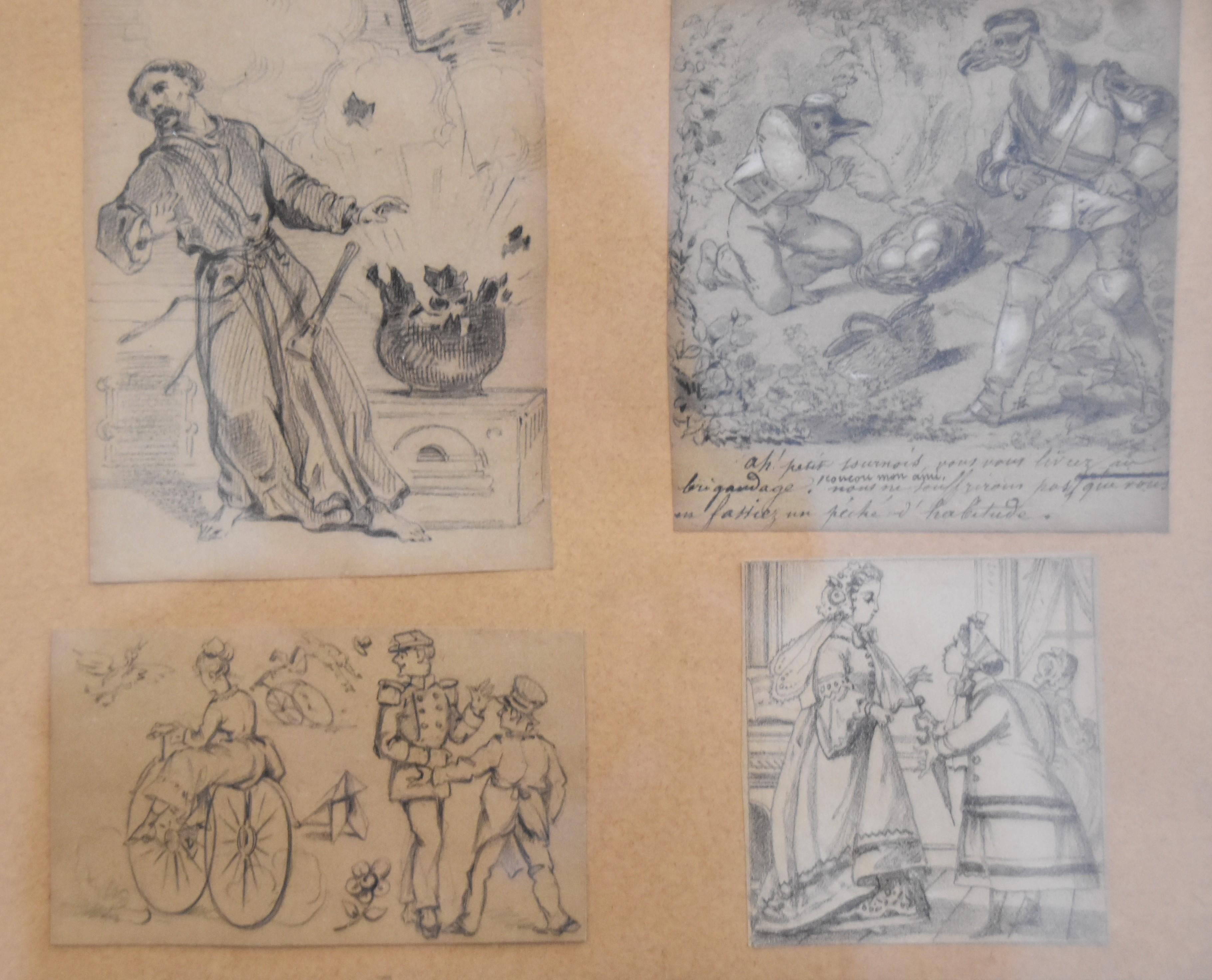 French School 19th century, Set of nine humoristic drawings, pencil on paper For Sale 1