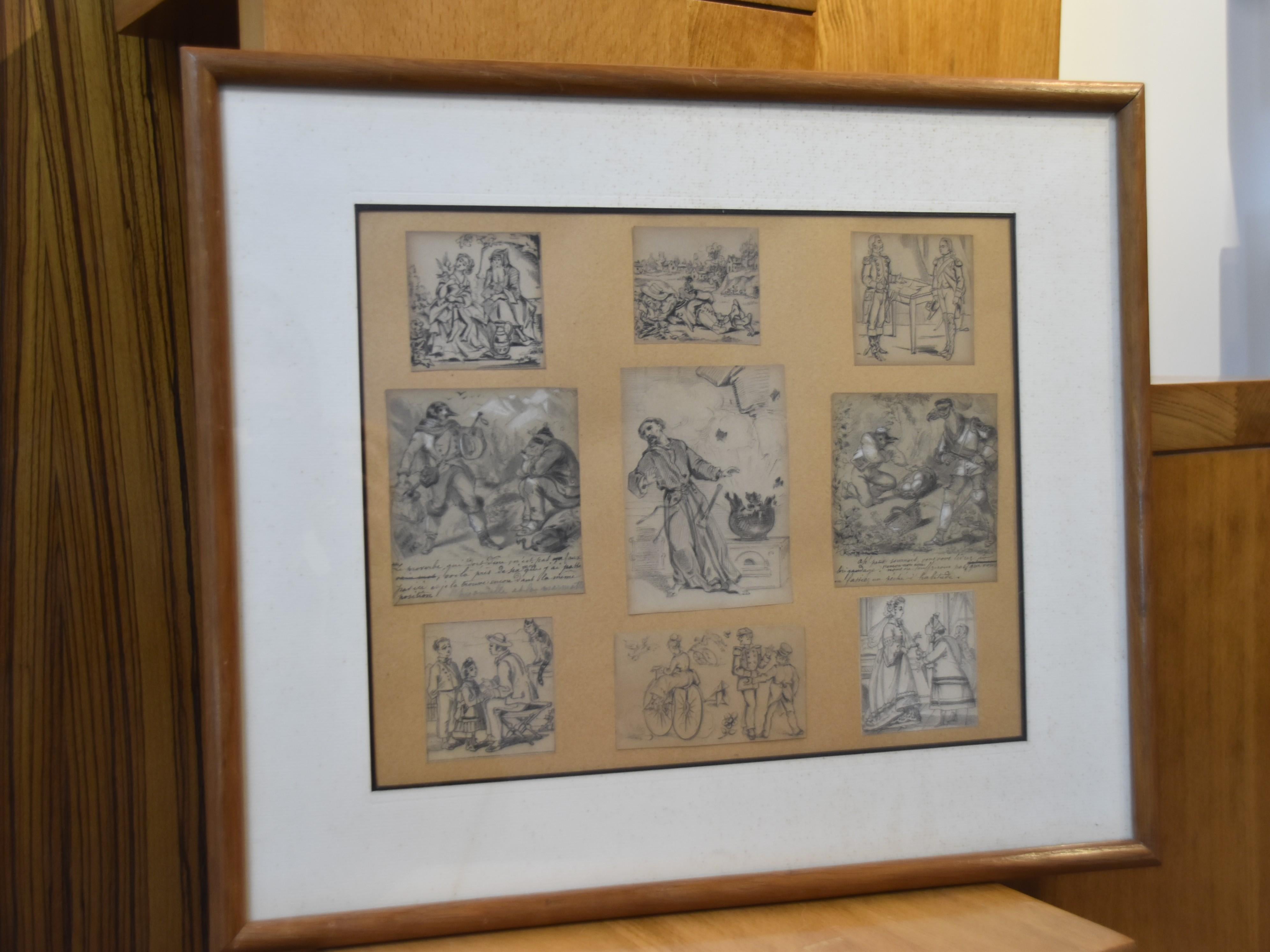 French School 19th century, Set of nine humoristic drawings, pencil on paper For Sale 3