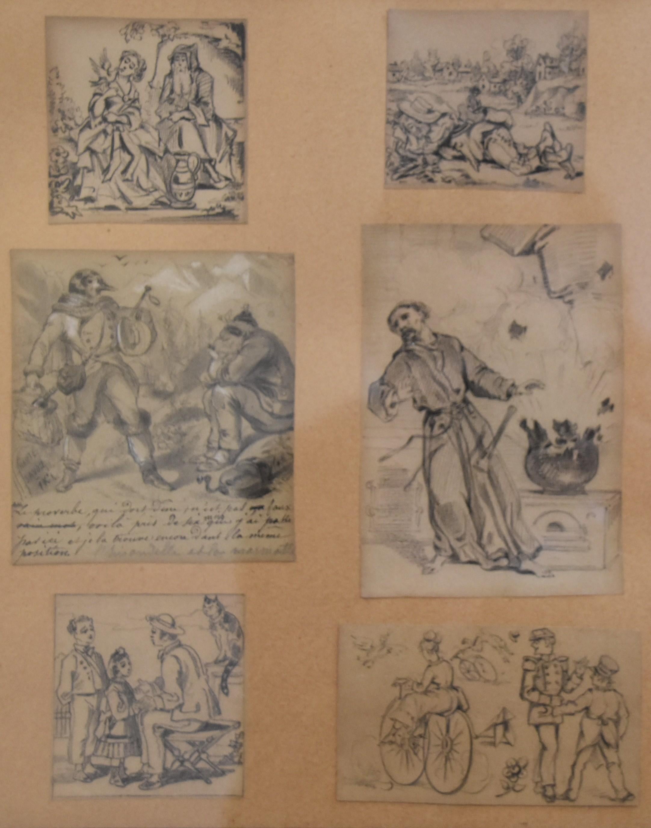 French School 19th century, Set of nine humoristic drawings, pencil on paper For Sale 2