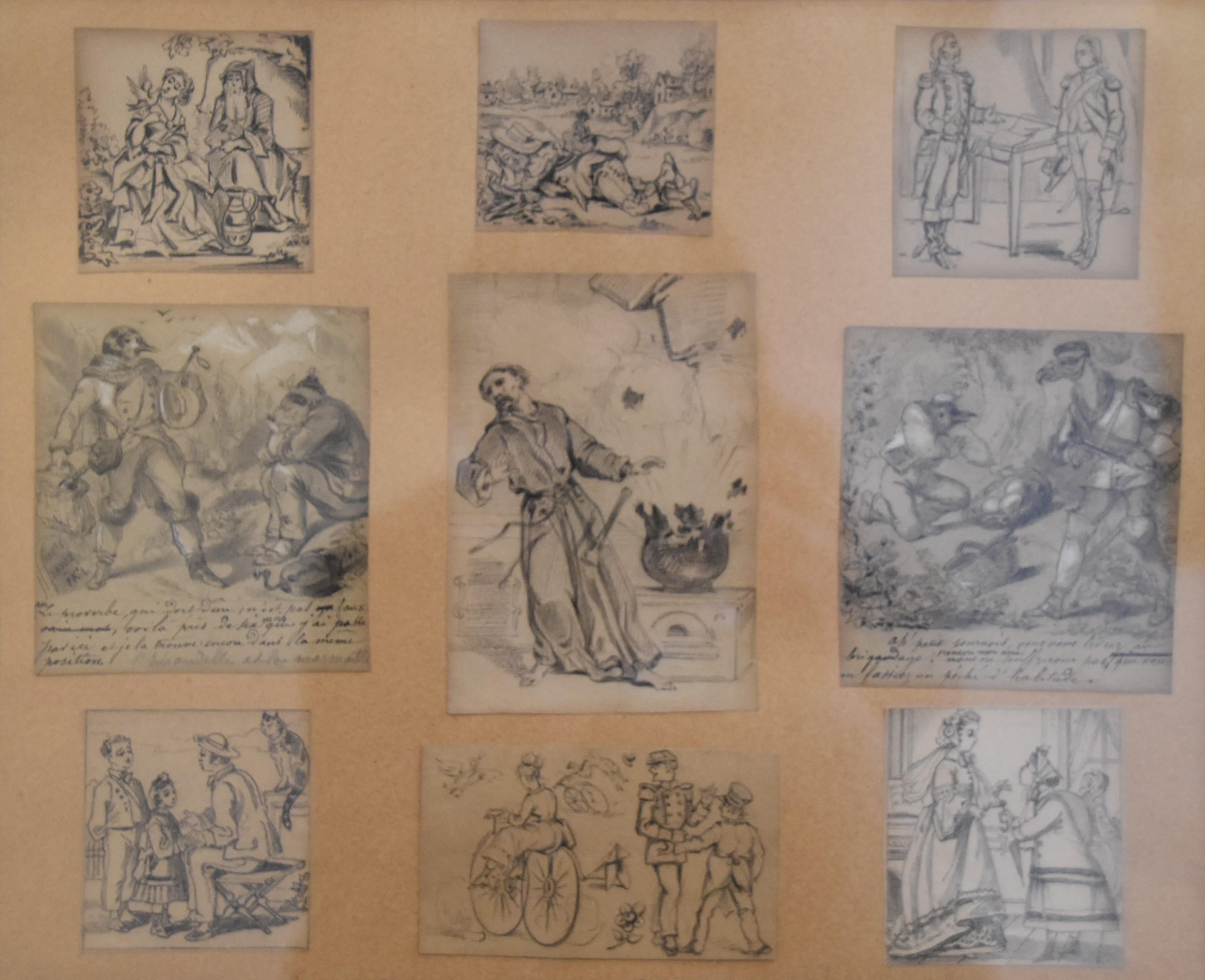 French School 19th century, Set of nine humoristic drawings, pencil on paper - Gray Figurative Art by Unknown