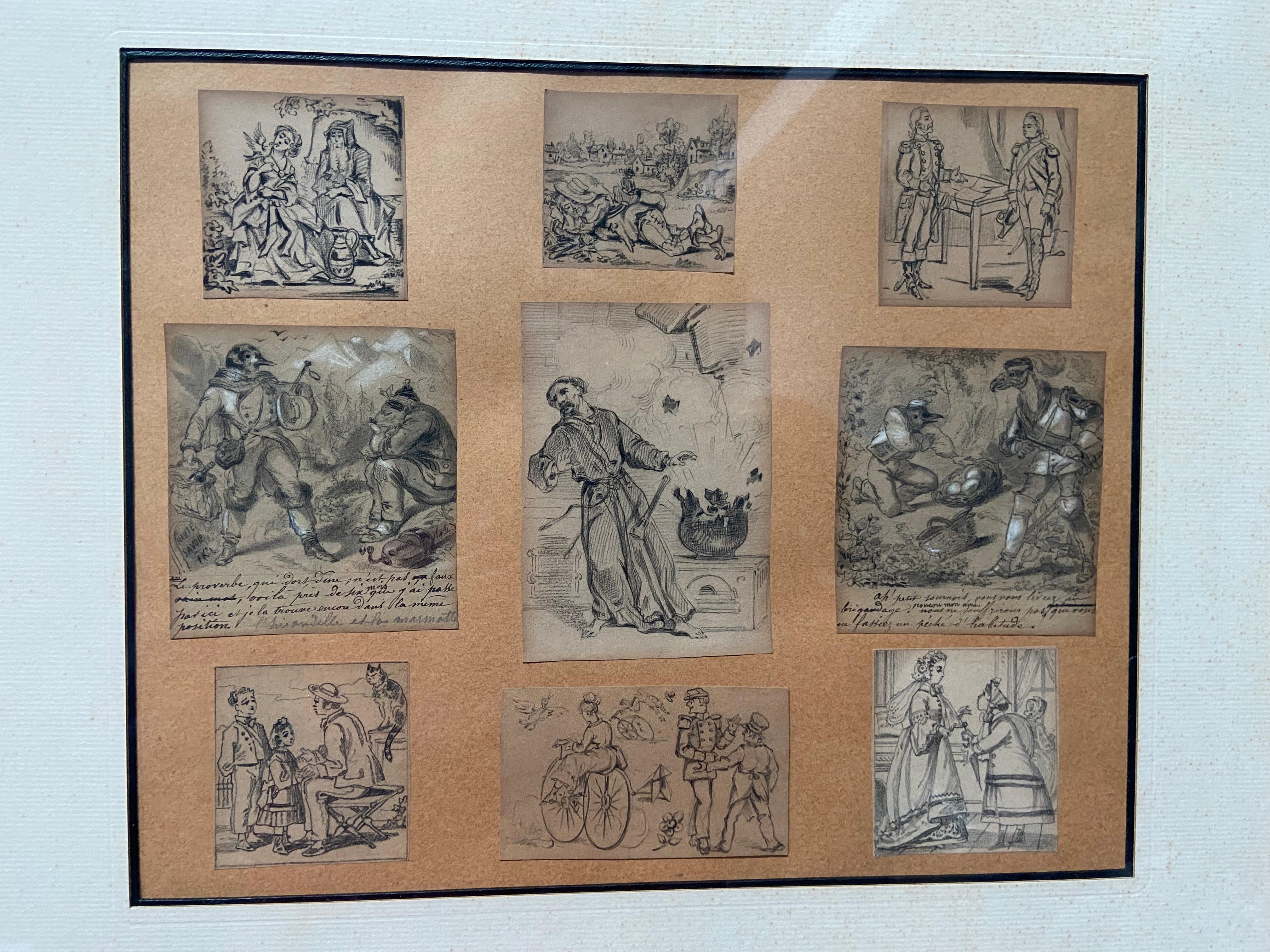 French School 19th century, Set of nine humoristic drawings, pencil on paper