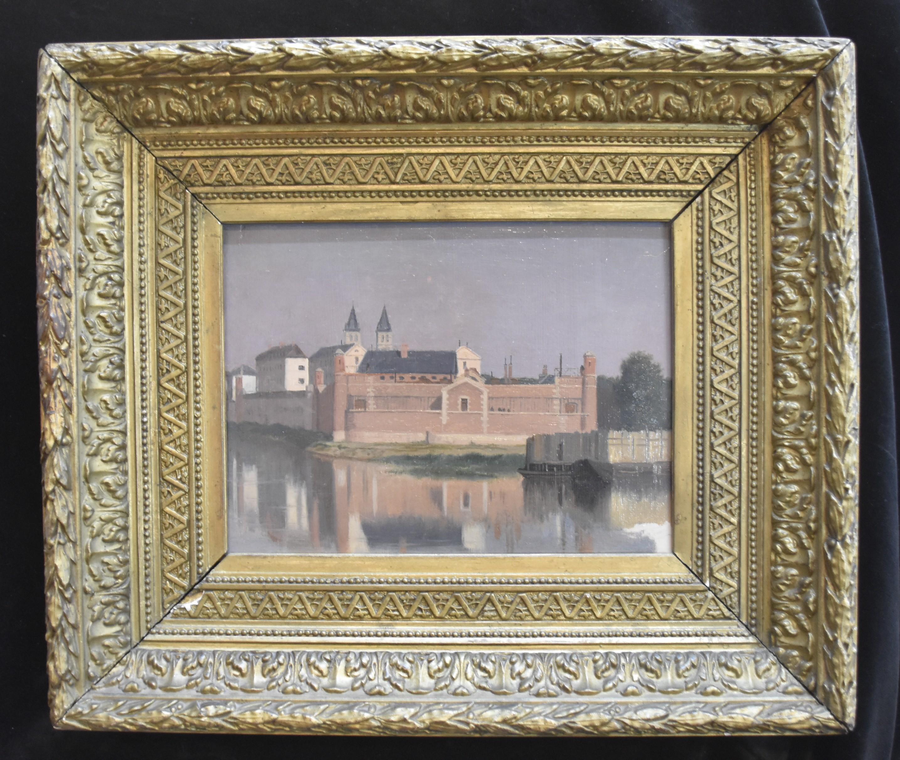 Prosper BARBOT (1798 -1877) Vue de la prison de Melun:: peinture à l'huile - Romantique Painting par Prosper Barbot