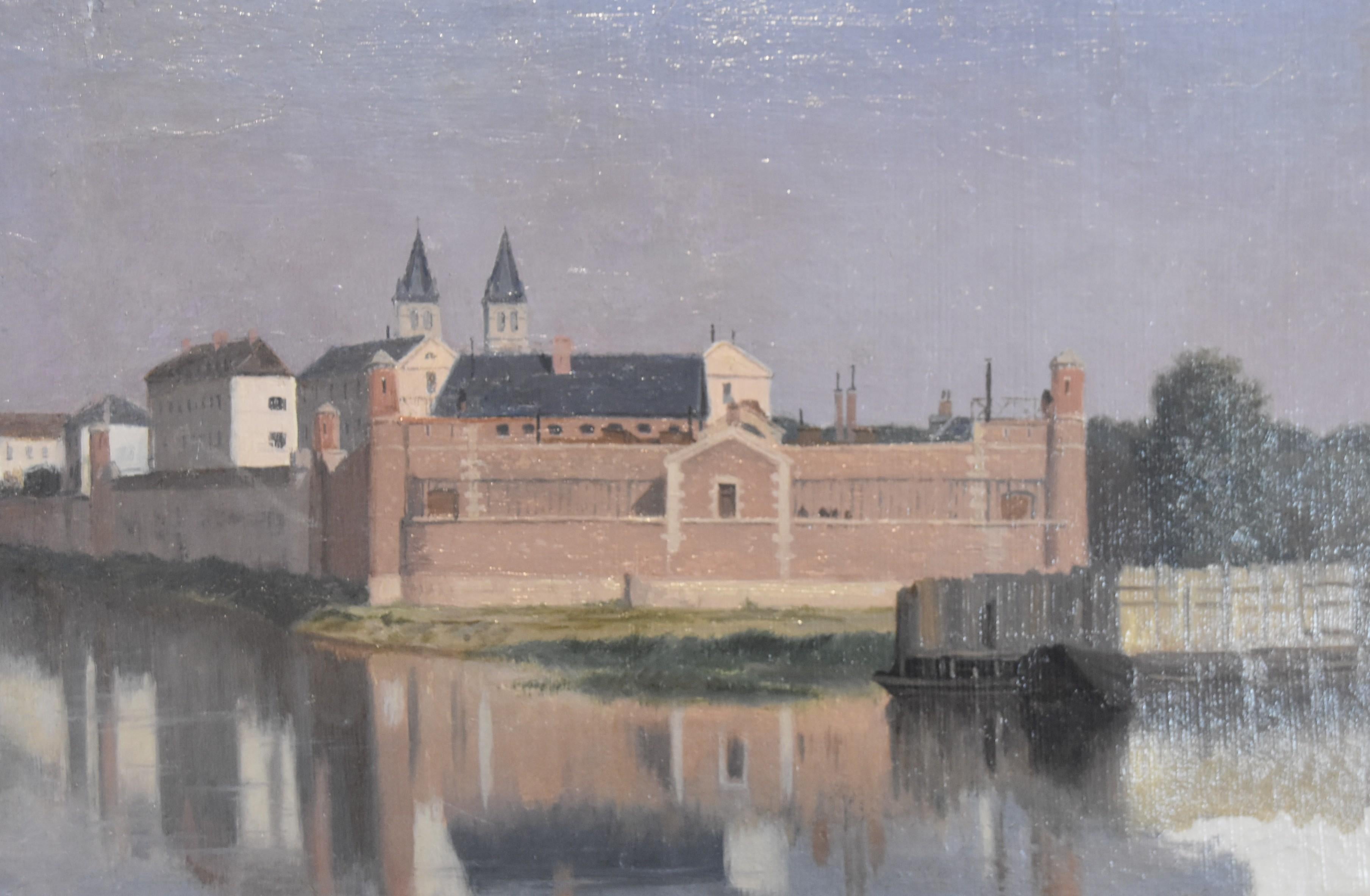 Prosper BARBOT (1798 -1877) Vue de la prison de Melun:: peinture à l'huile - Marron Landscape Painting par Prosper Barbot