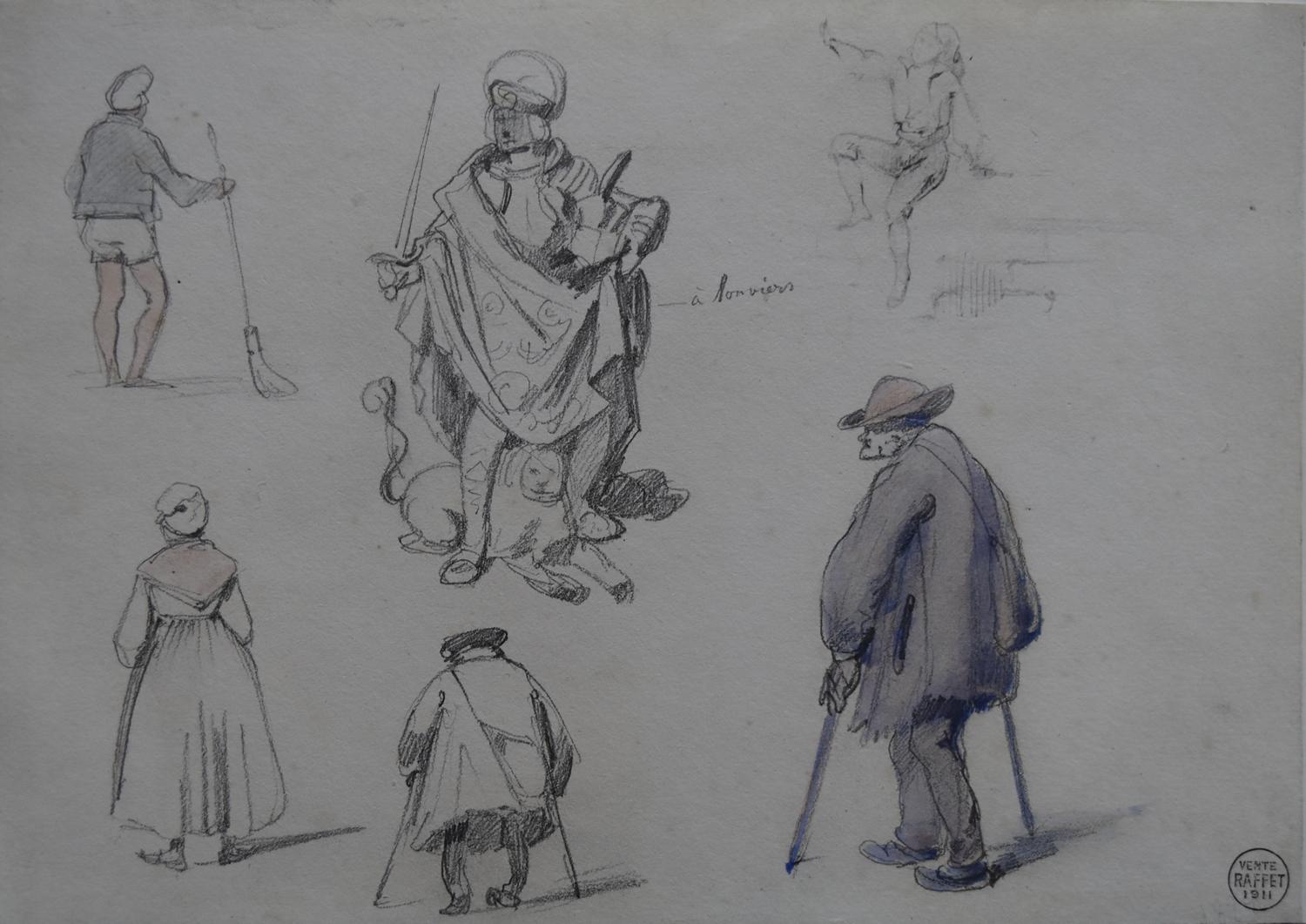 Denis Auguste Raffet (1804-1860) Studies of characters, drawing and watercolor