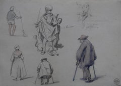 Antique Denis Auguste Raffet (1804-1860) Studies of characters, drawing and watercolor