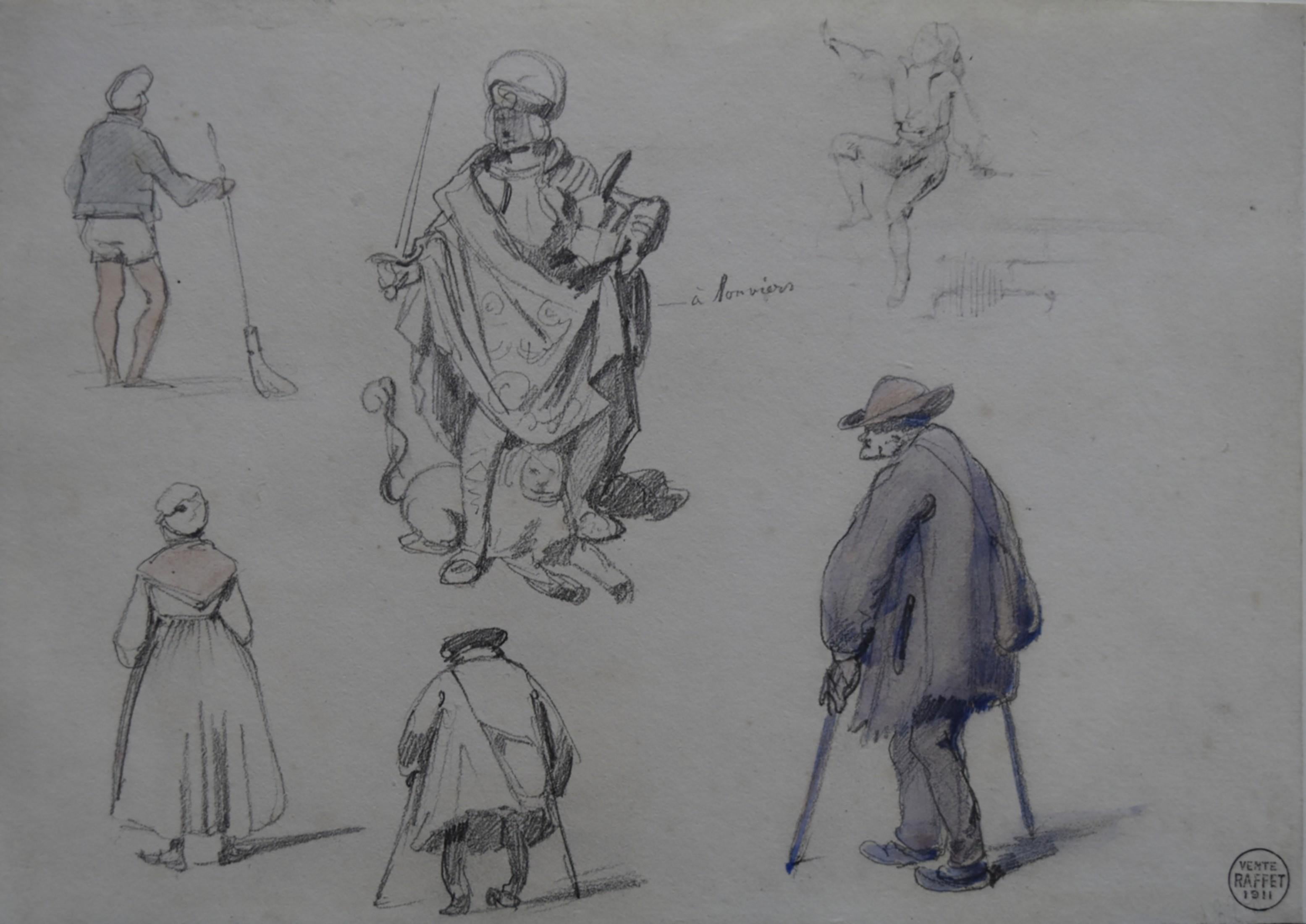 Denis Auguste Raffet (1804-1860) Estudios de personajes, dibujo y acuarela