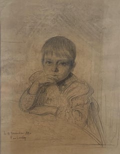Fernand de Launay  (1855-1904) Ritratto di bambino, 1890, disegno originale