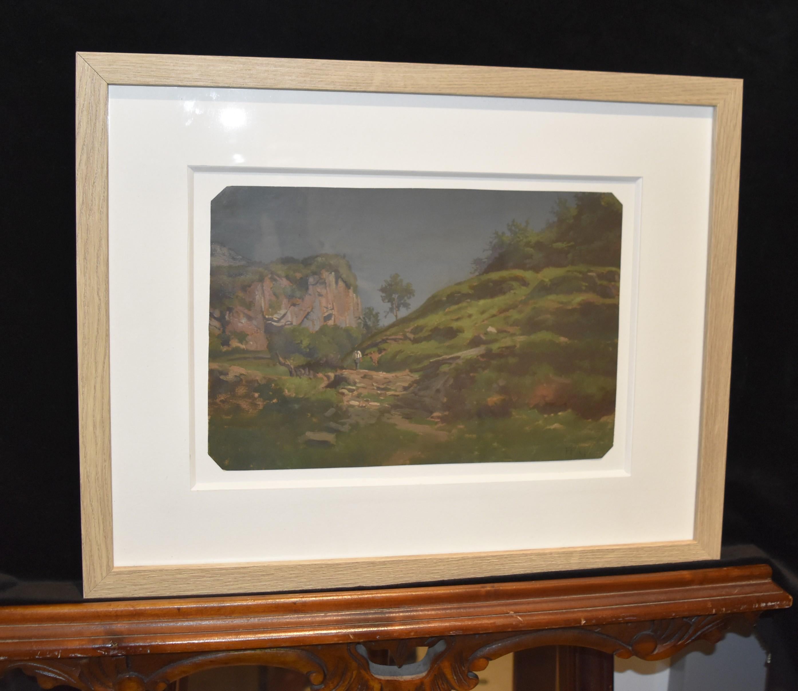 Jean-Philippe George-Julliard (1818 - 1888)
Un paesaggio con un viaggiatore
Olio su carta
Firmato HG in basso a destra
19,5 x 29 cm
I quattro angoli sono tagliati
Incorniciato sotto vetro 27 x 47 cm   

Jean-Philippe George-Julliard (1818-1888) o
