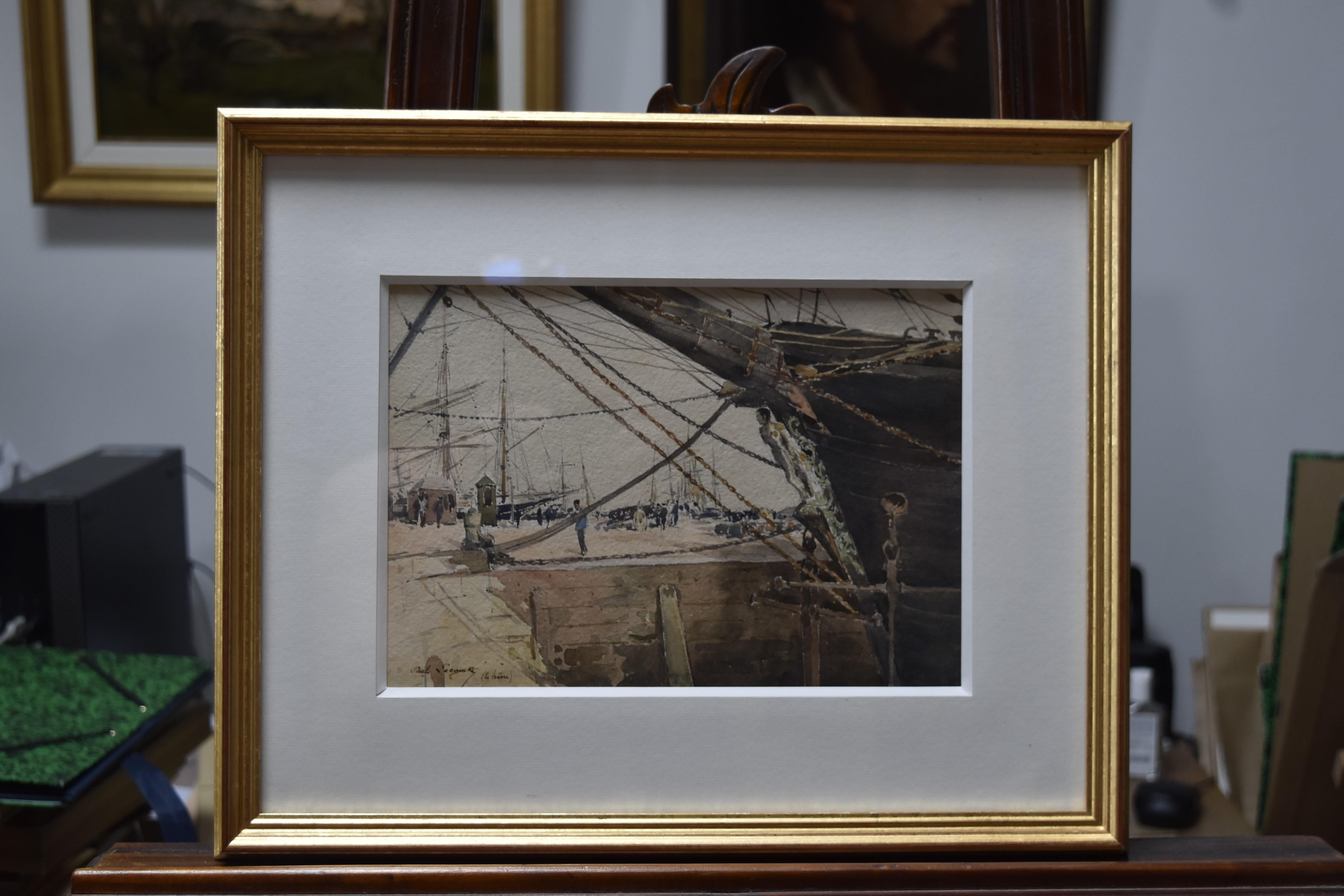 Paul Lecomte (1842-1920)  Boats at Le Havre, watercolor 3