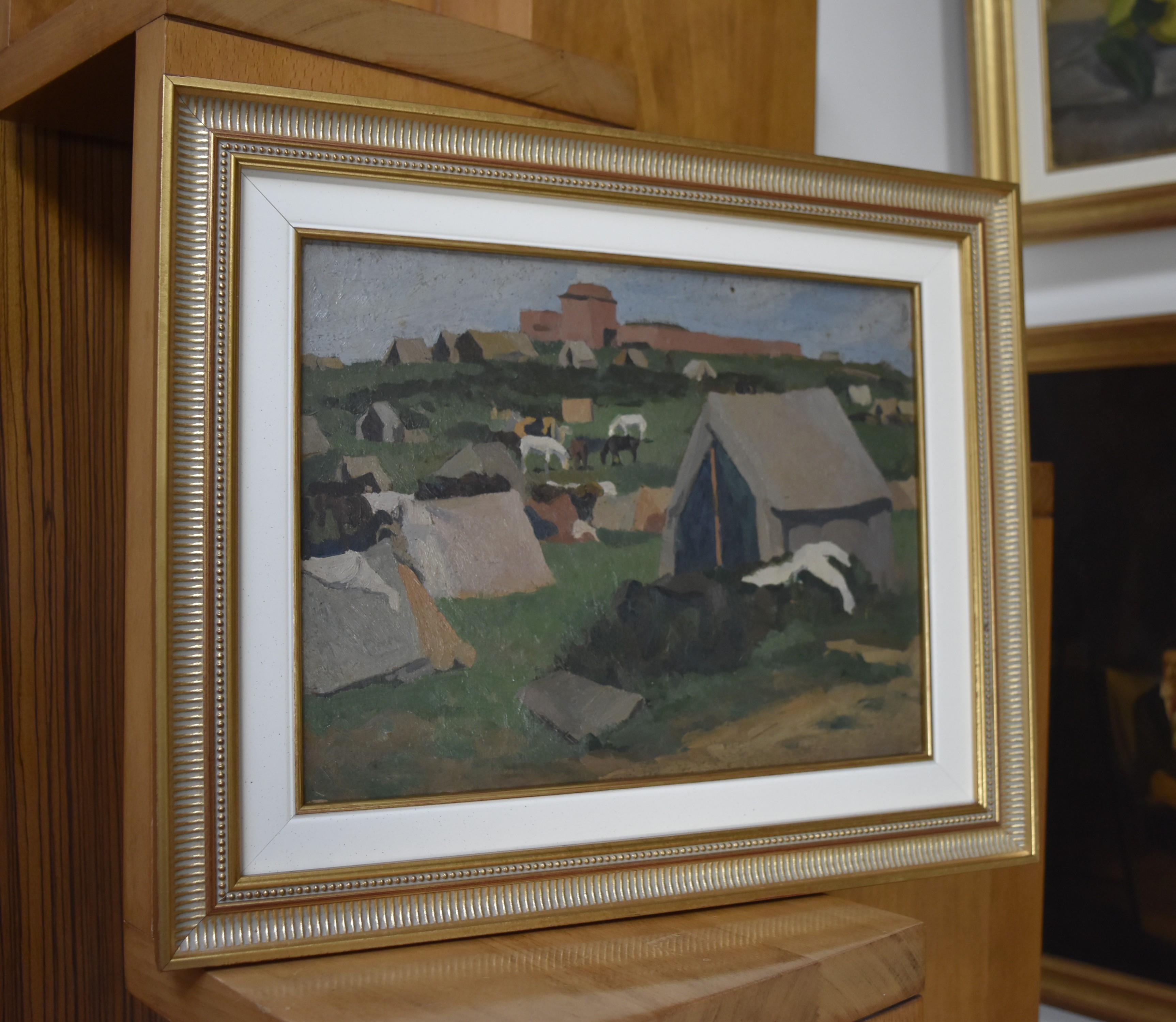 Jean de GAIGNERON (1890 - 1976) A camp with horses, oil on panel 1