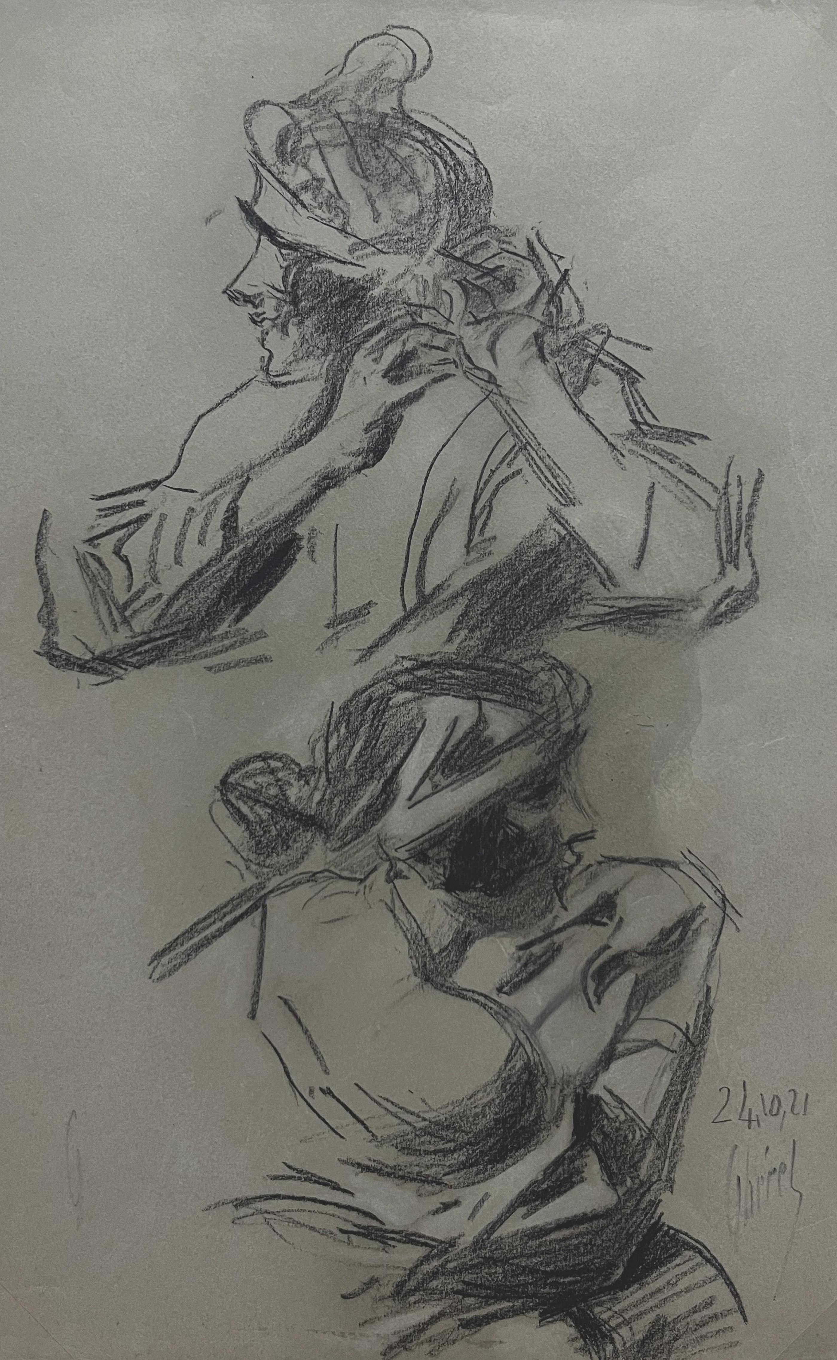 Jules Cheret (1836-1932) Two studies of a woman, 1921 charcoal drawing, signed