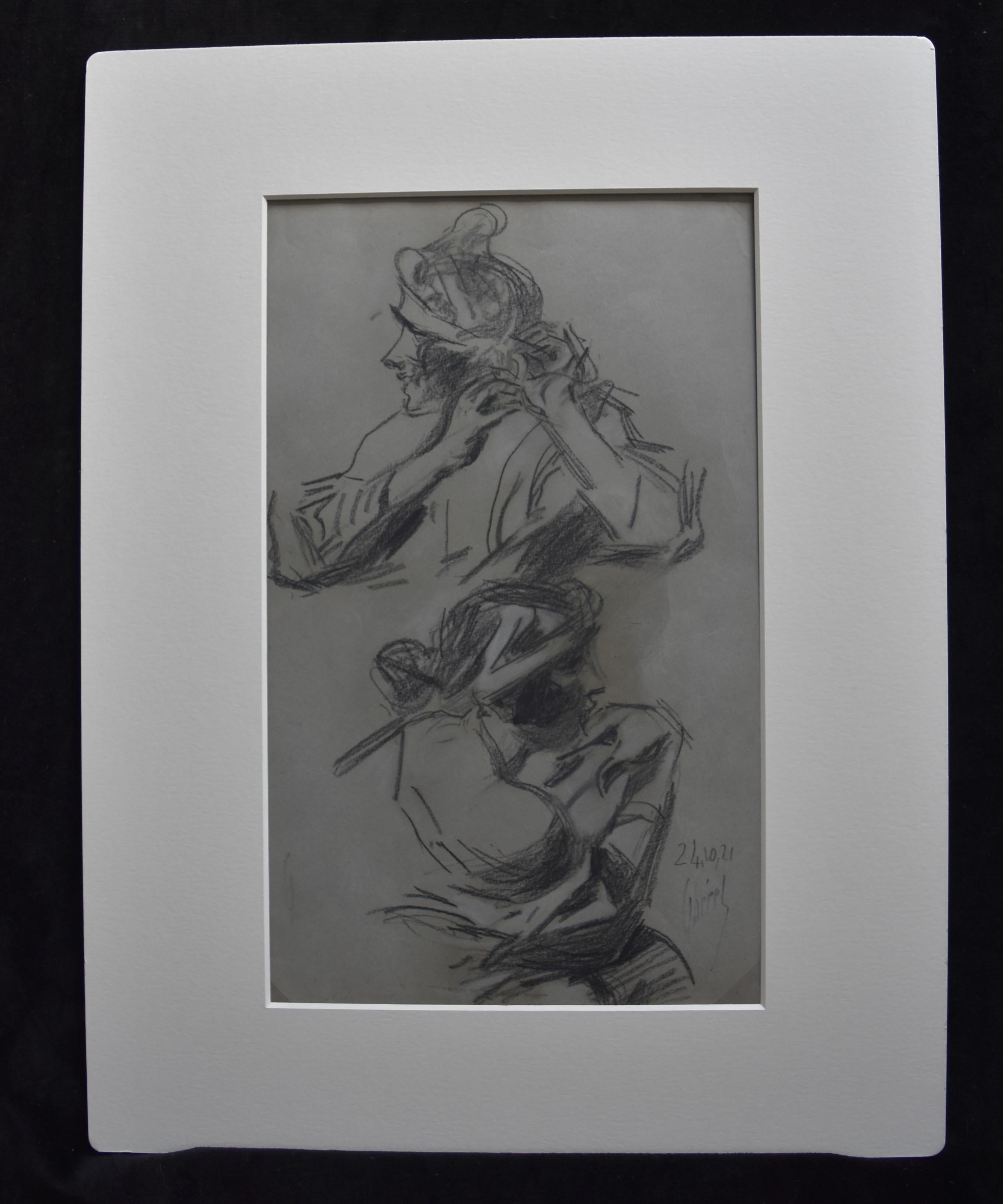 Jules Cheret (1836-1932) Deux études d'une femme, dessin au fusain de 1921, signé - Art de Jules Chéret
