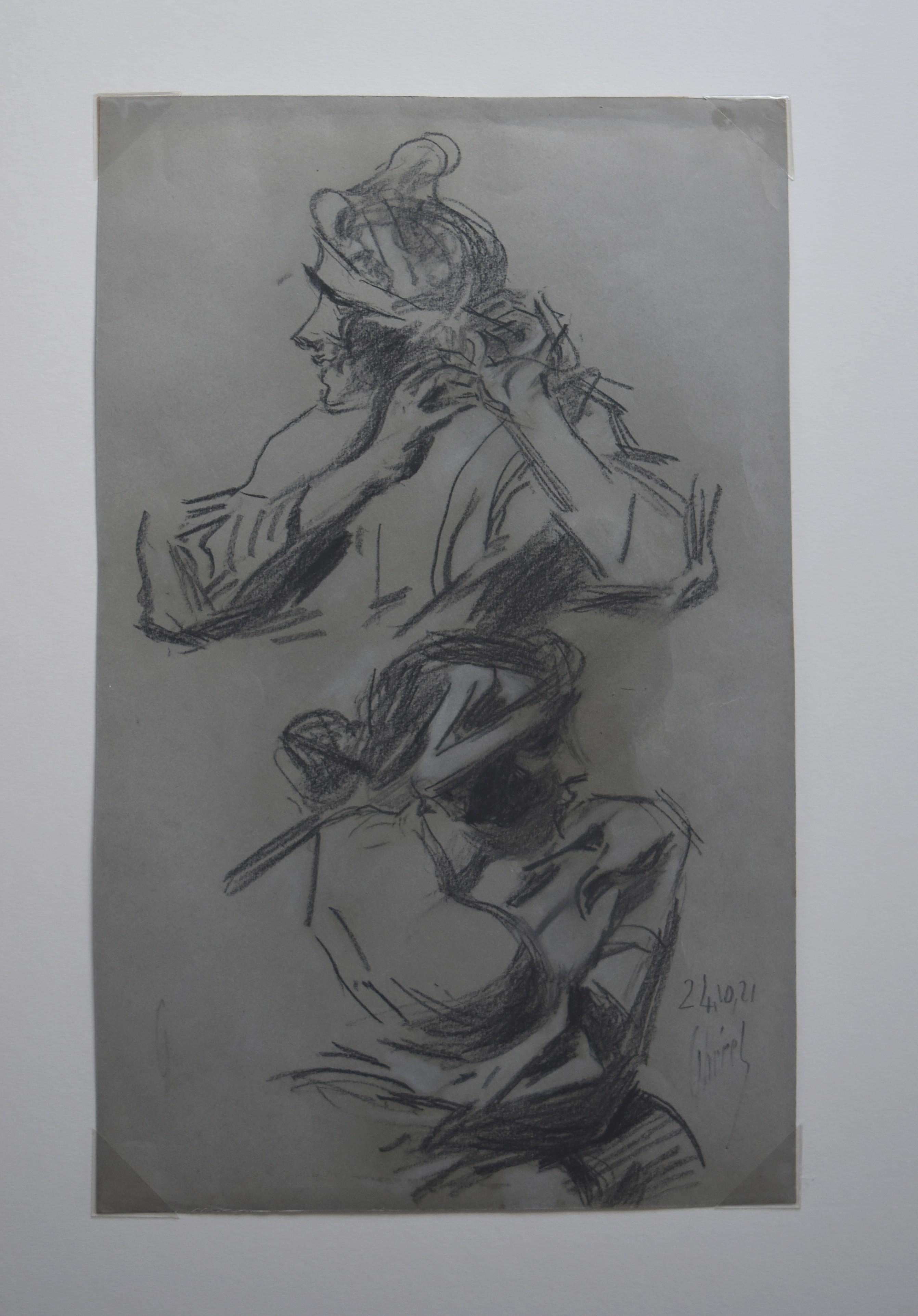 Jules Cheret (1836-1932) Deux études d'une femme, dessin au fusain de 1921, signé - Art nouveau Art par Jules Chéret