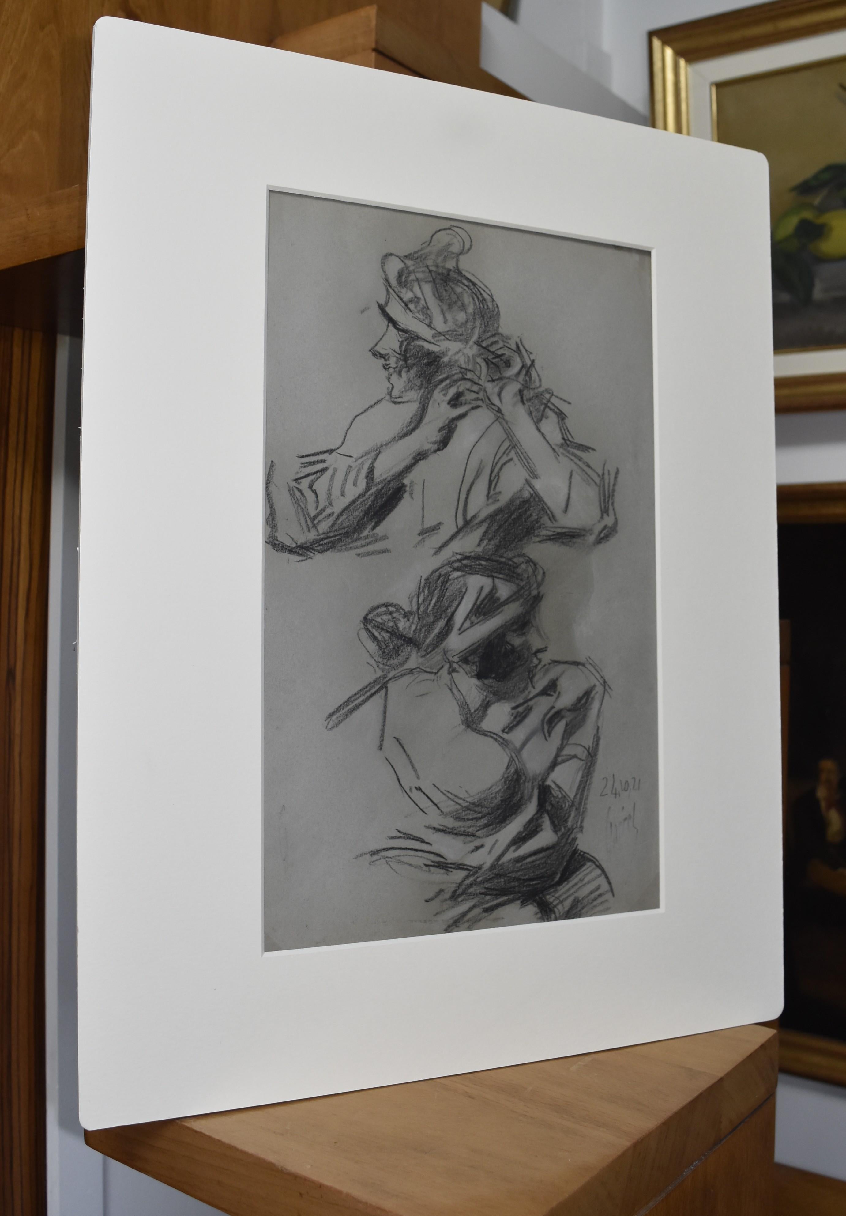Jules Cheret (1836-1932) Two studies of a woman, 1921 charcoal drawing, signed - Art Nouveau Art by Jules Chéret