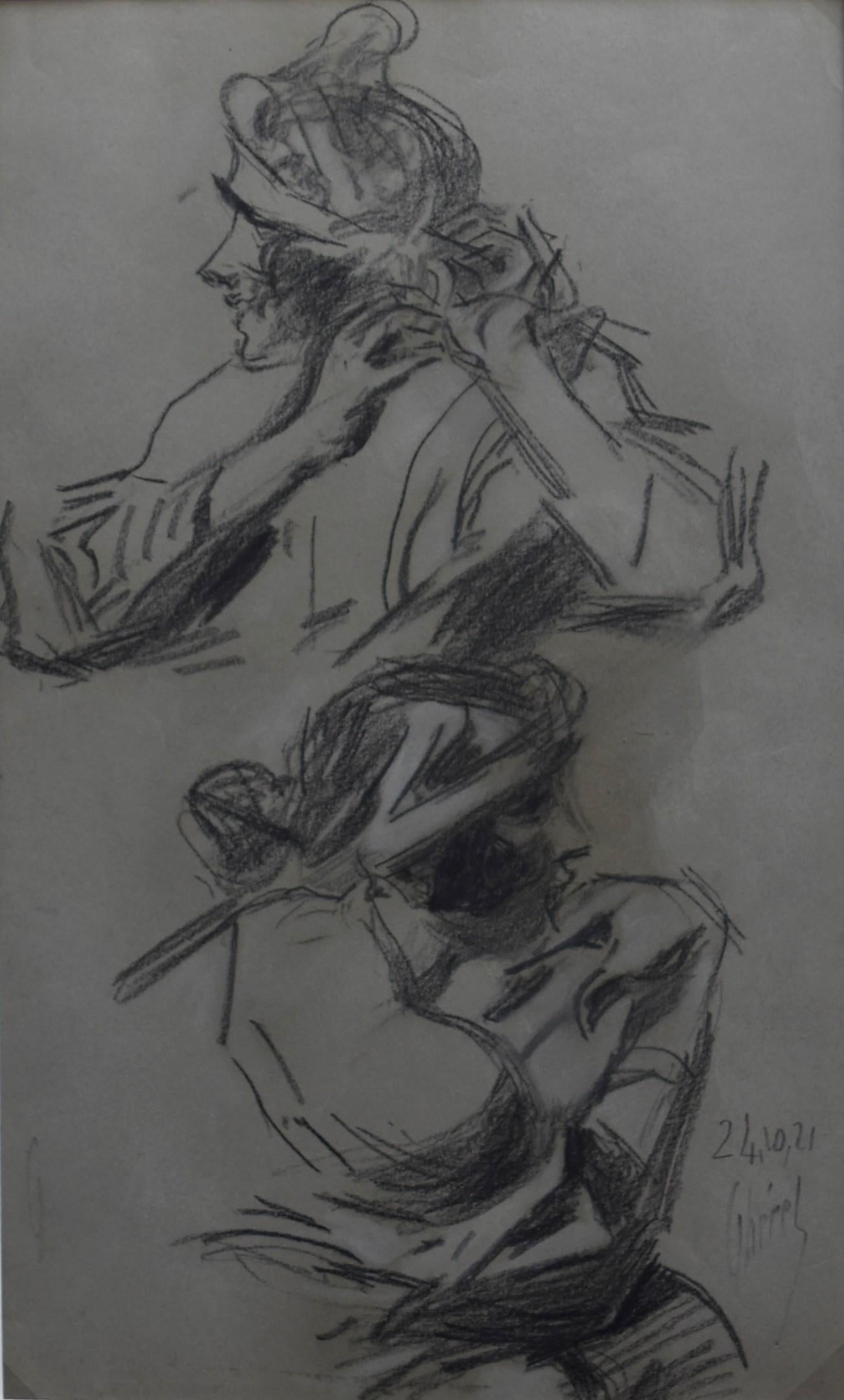 Zwei Studien einer Frau, Kohlezeichnung von 1921, signiert von Jules Cheret (1836-1932)