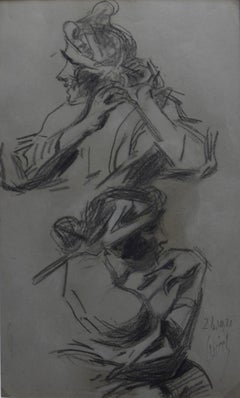 Antique Jules Cheret (1836-1932) Two studies of a woman, 1921 charcoal drawing, signed