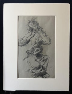 Jules Cheret (1836-1932) Two studies of a woman, 1921 charcoal drawing, signed