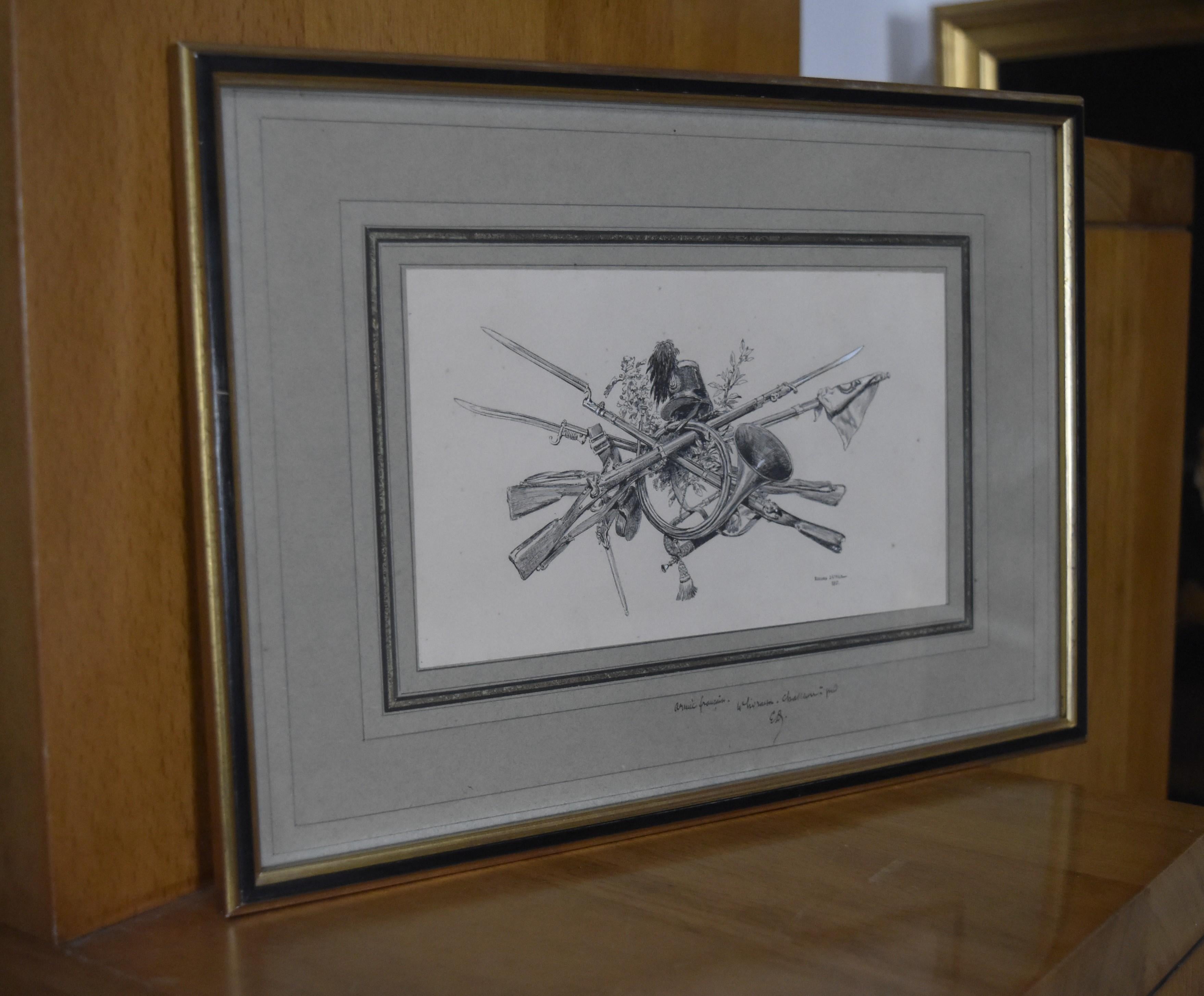 Edouard Detaille (1848 1912), A trophy of arms, original signed Drawing - Gray Still-Life by Jean Baptiste Édouard Detaille