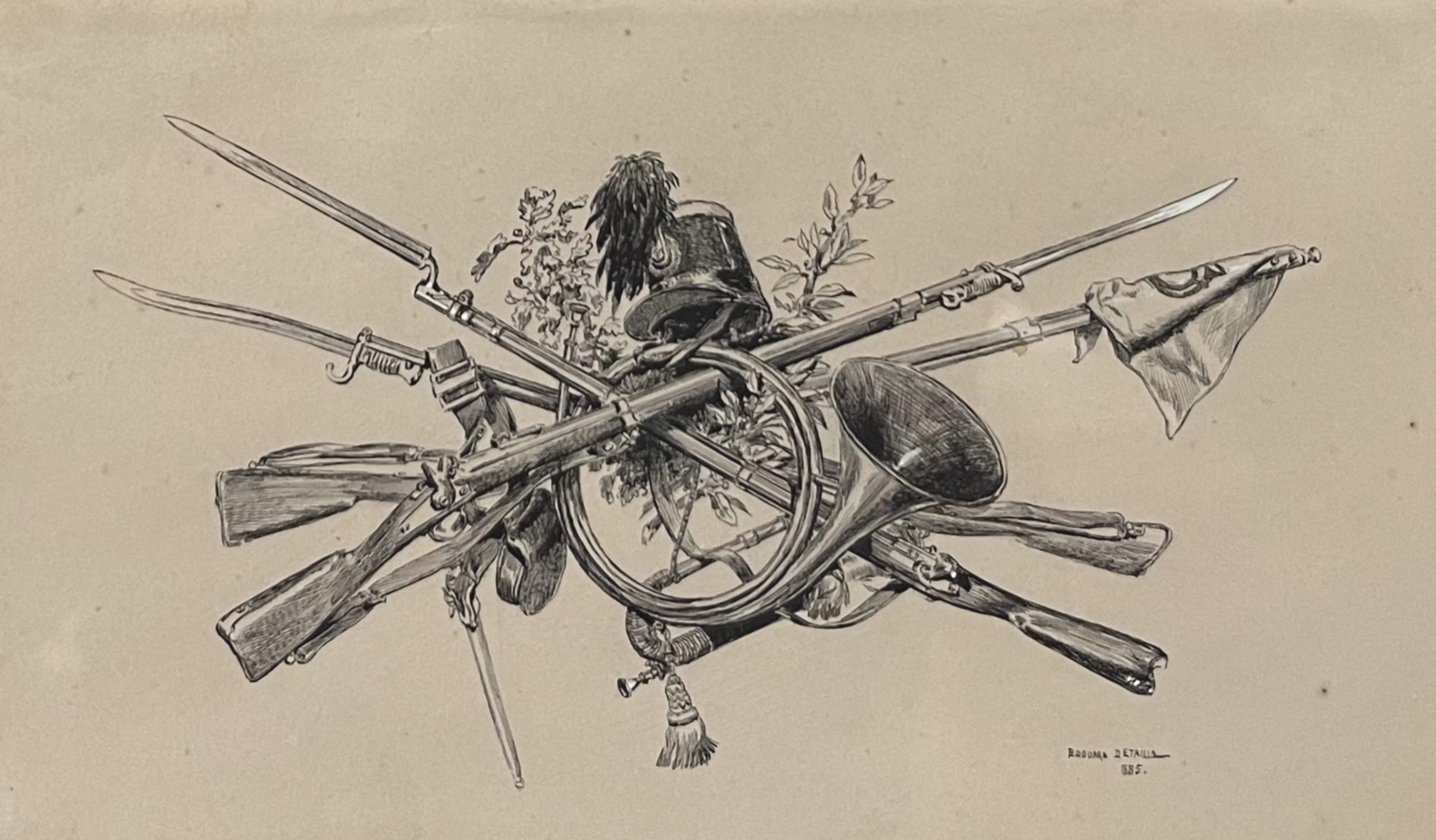 Still-Life Jean Baptiste Édouard Detaille - Edouard Detaille (1848 1912), Un trophée d
armoiries, dessin original signé