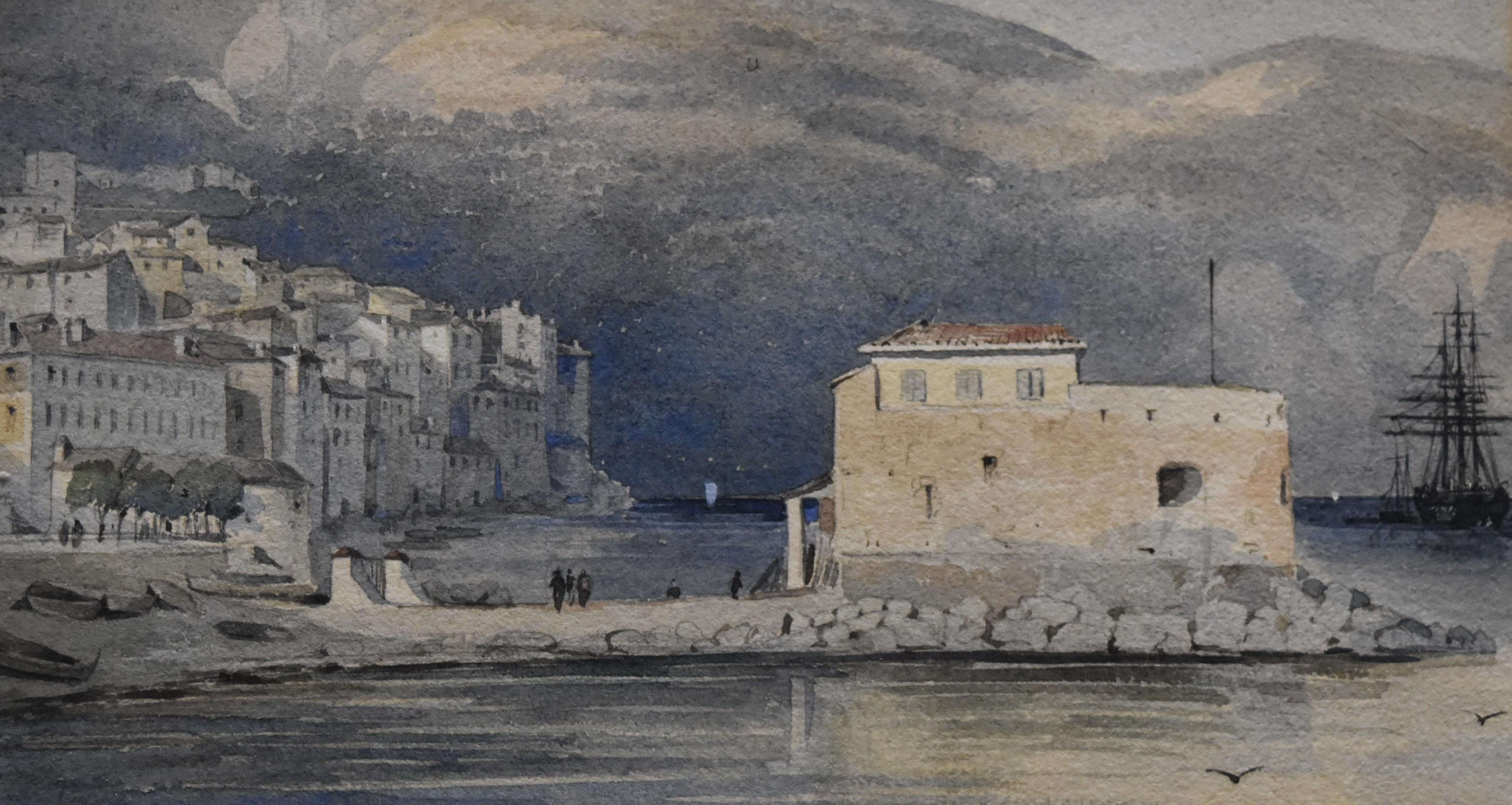 École française du 19e siècle, Villefranche-sur Mer, port, aquarelle - Gris Figurative Art par Unknown