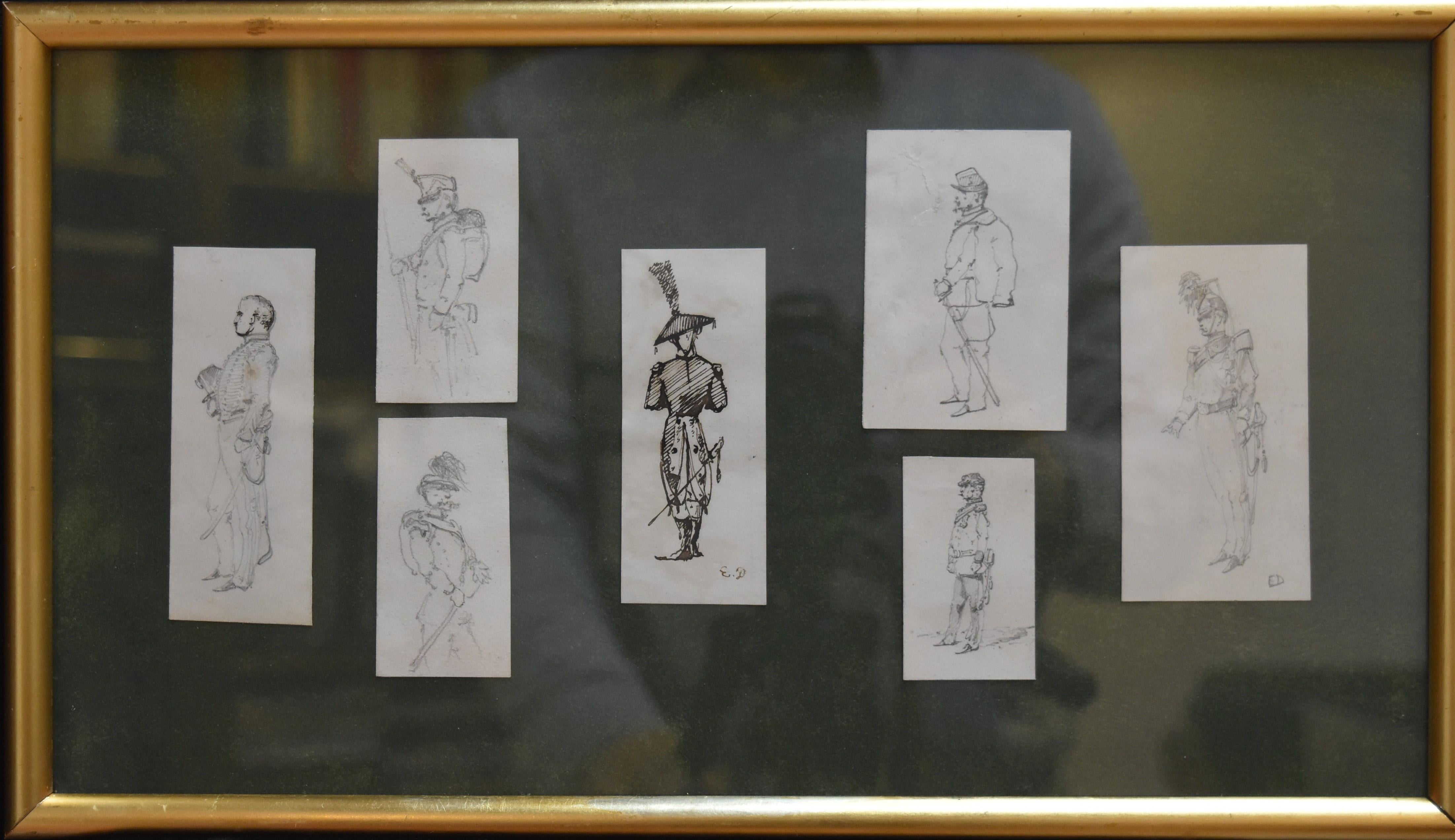 Jean Baptiste Édouard Detaille Figurative Art - Edouard Detaille (1848 1912), Soldiers studies, seven drawings in the same frame