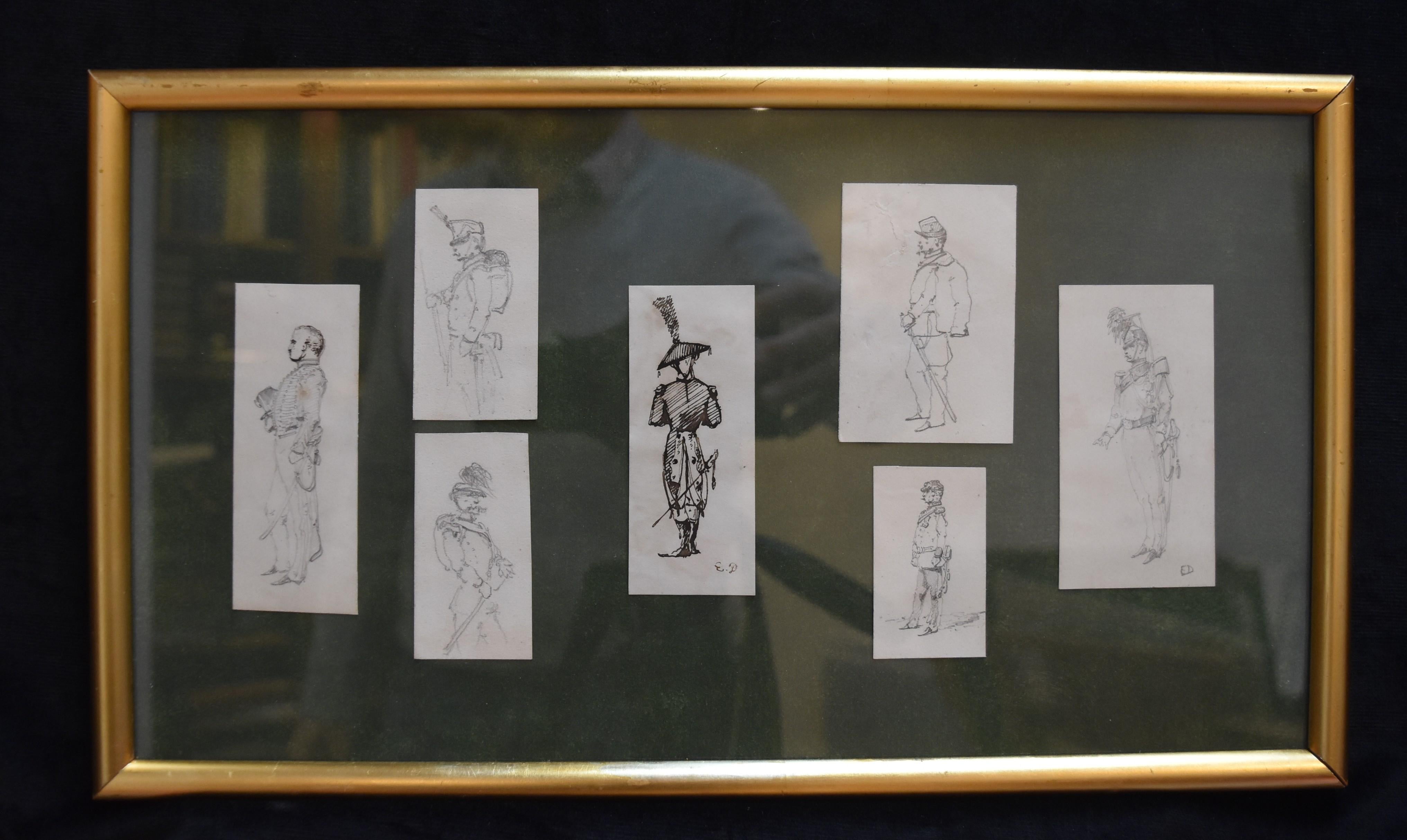 Edouard Detaille (1848 1912), Soldiers studies, seven drawings in the same frame - Art by Jean Baptiste Édouard Detaille