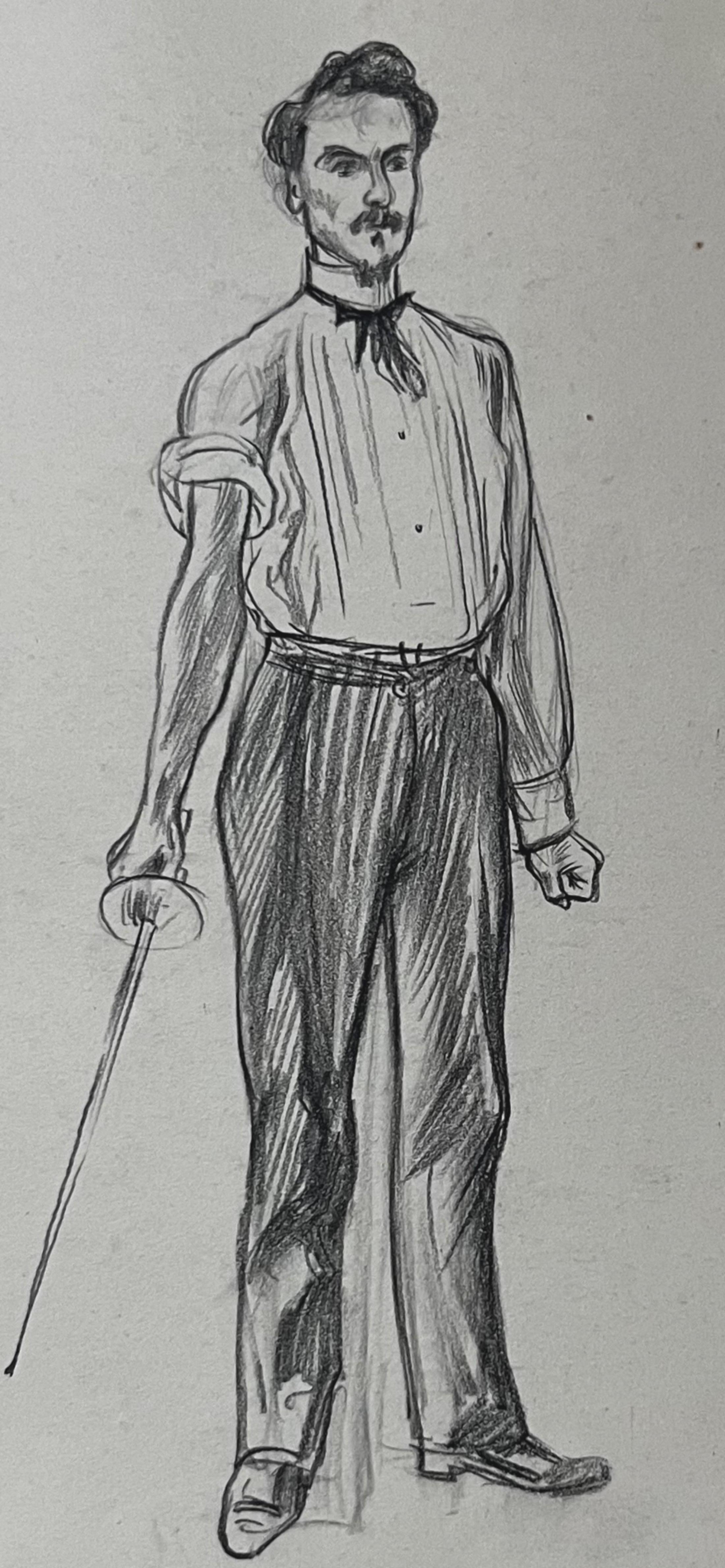 Pierre-Georges Jeanniot (1848-1934)
Retrato de Henri Rochefort preparado para un duelo, 
Lápiz sobre papel
Firmado y titulado abajo a la izquierda
28 x 21 cm
En buen estado : los bordes izquierdo y derecho cortados irregularmente
En un moderno