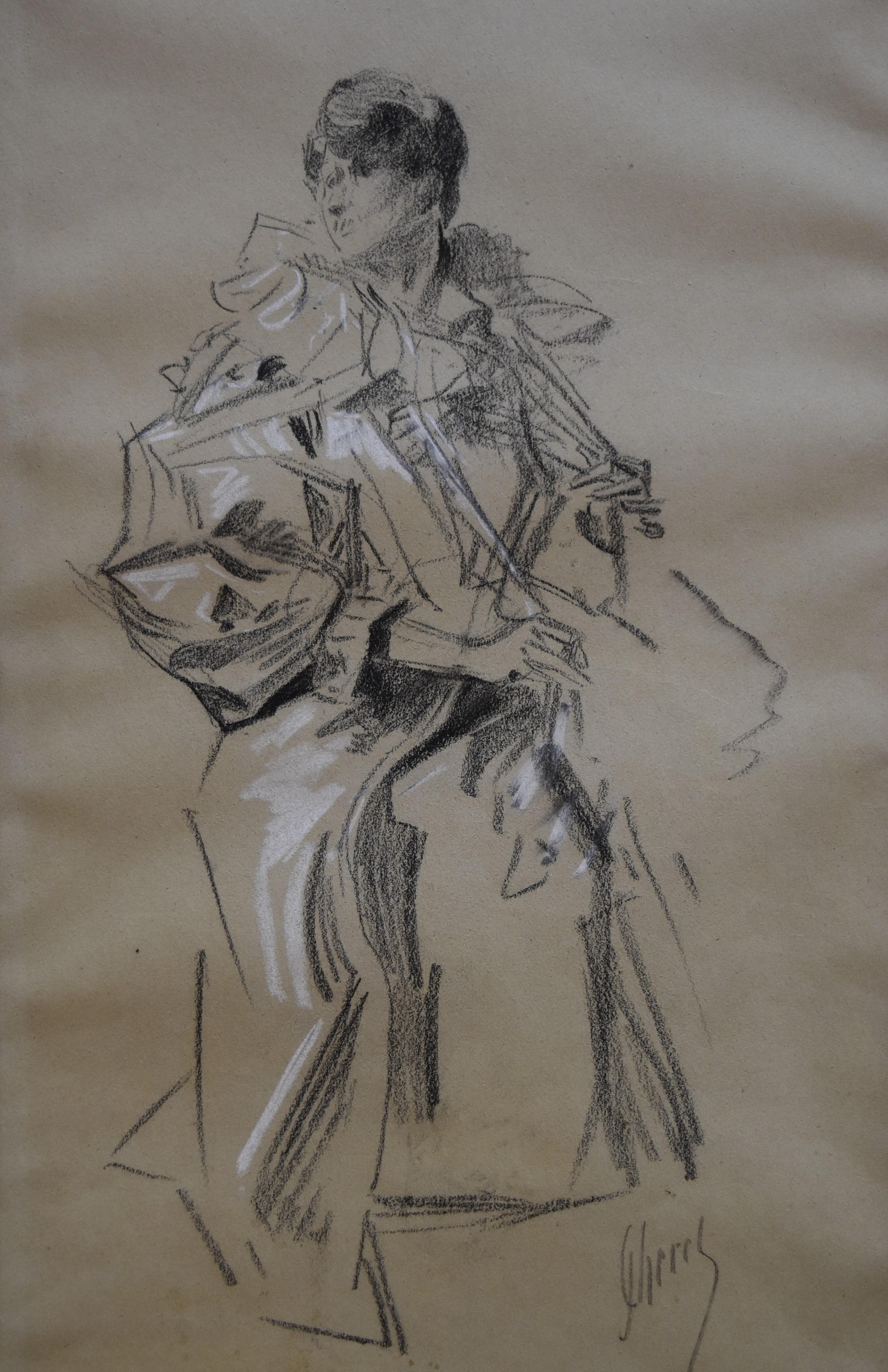 Jules Chéret Figurative Art - Jules Cheret (1836-1932) An elegant woman, original signed drawing