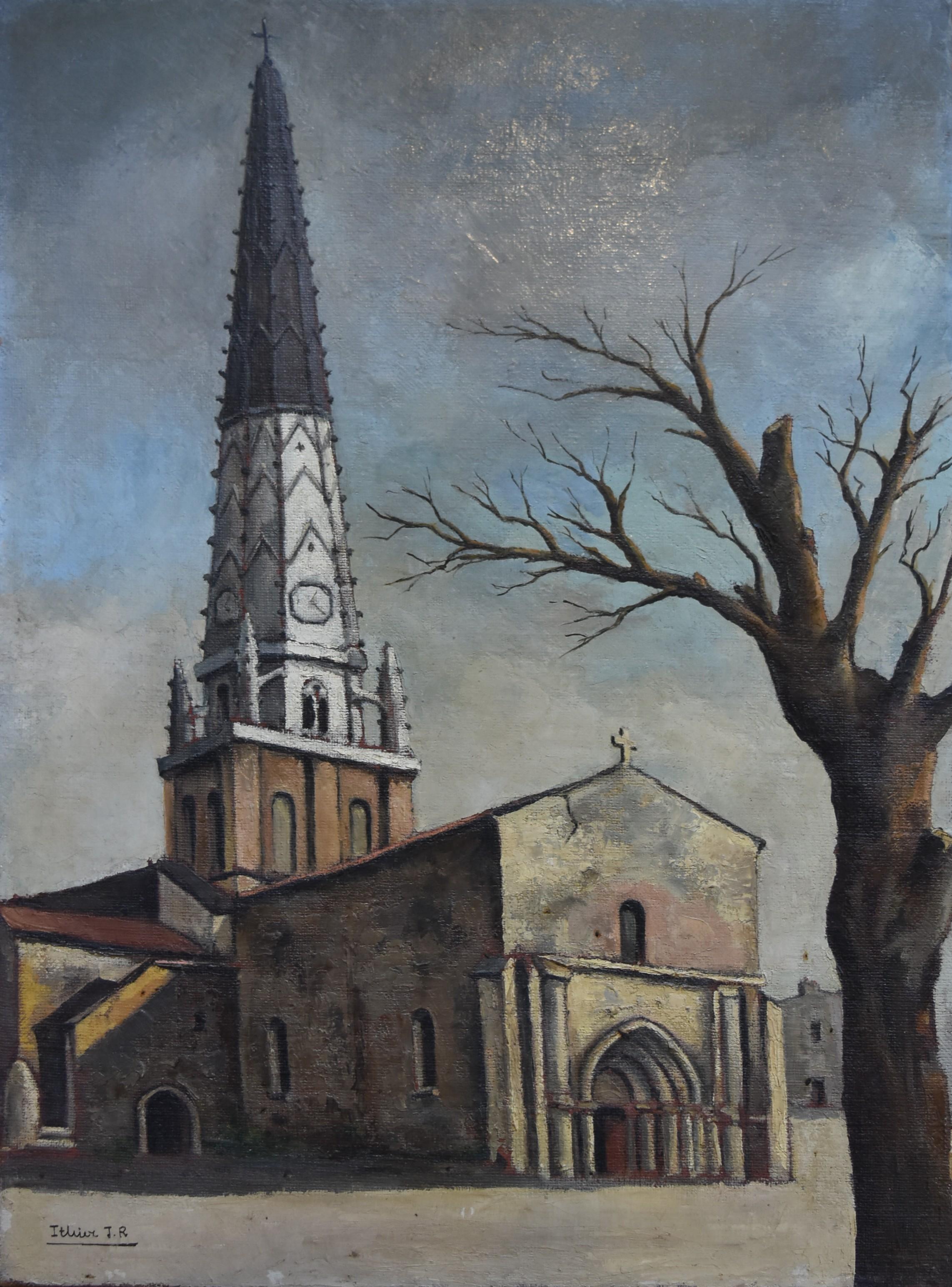 JEAN ROBERT ITHIER  Figurative Painting - Jean Robert Ithier (1904-1977) Ars en Ré, view of the church, oil on canvas