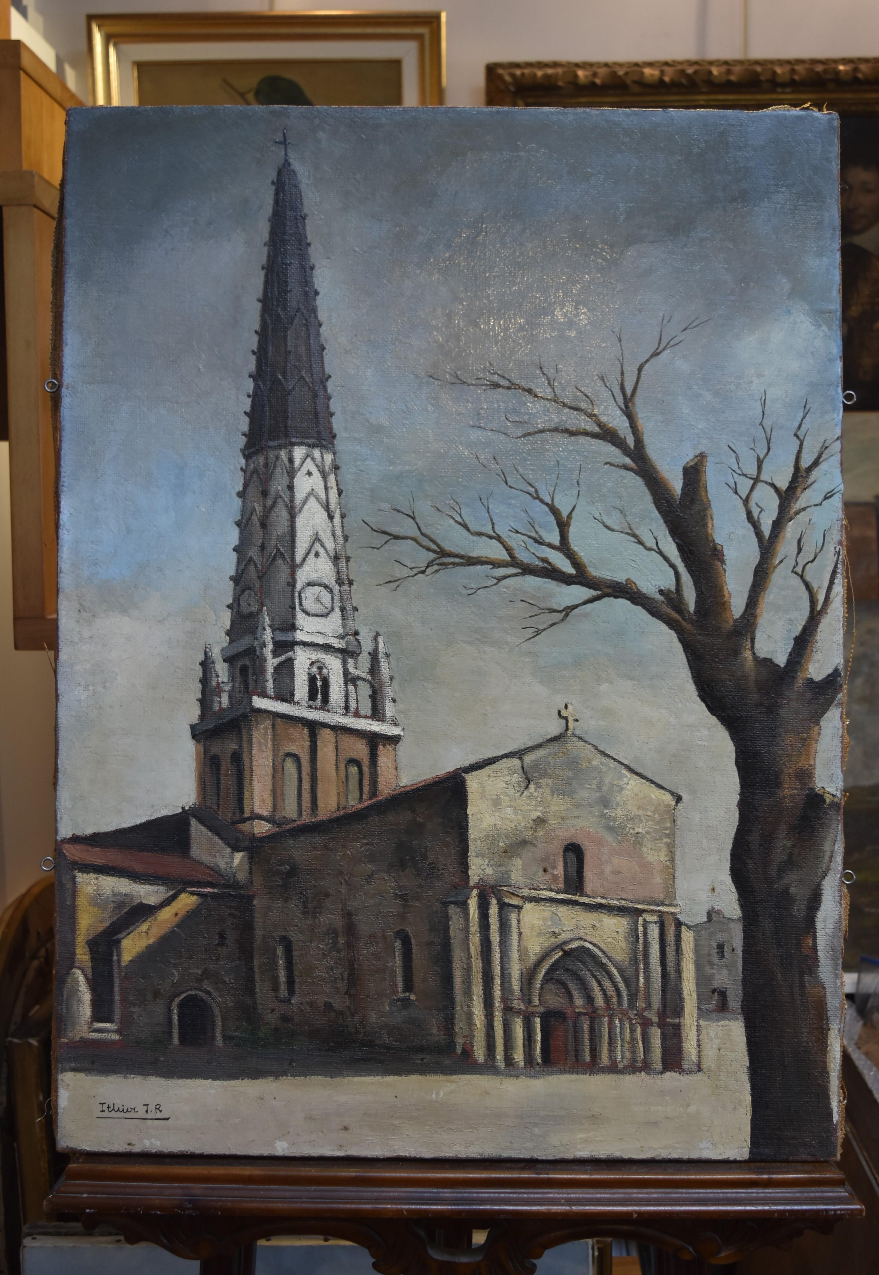 Jean Robert Ithier (1904-1977) Ars en Ré, view of the church, oil on canvas - Painting by JEAN ROBERT ITHIER 