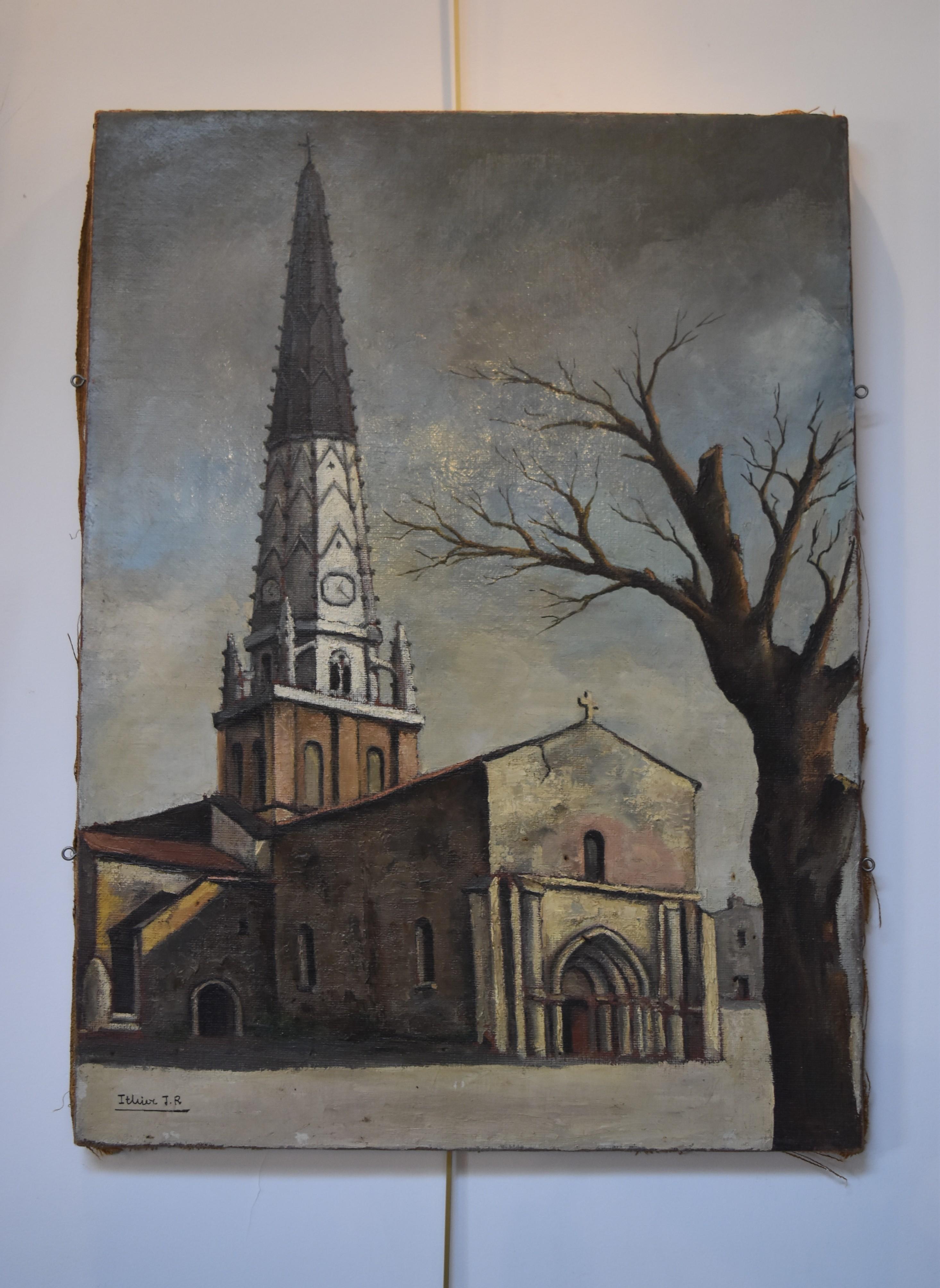 Jean Robert Ithier (1904-1977) 
Ars en Ré, view of the church
oil on canvas
signed lower left
80.5 x 60 cm

No frame

The church of Ars en Ré, a pittoresque village on the atlantic island of Ré is very famous for its black and white bell tower. It