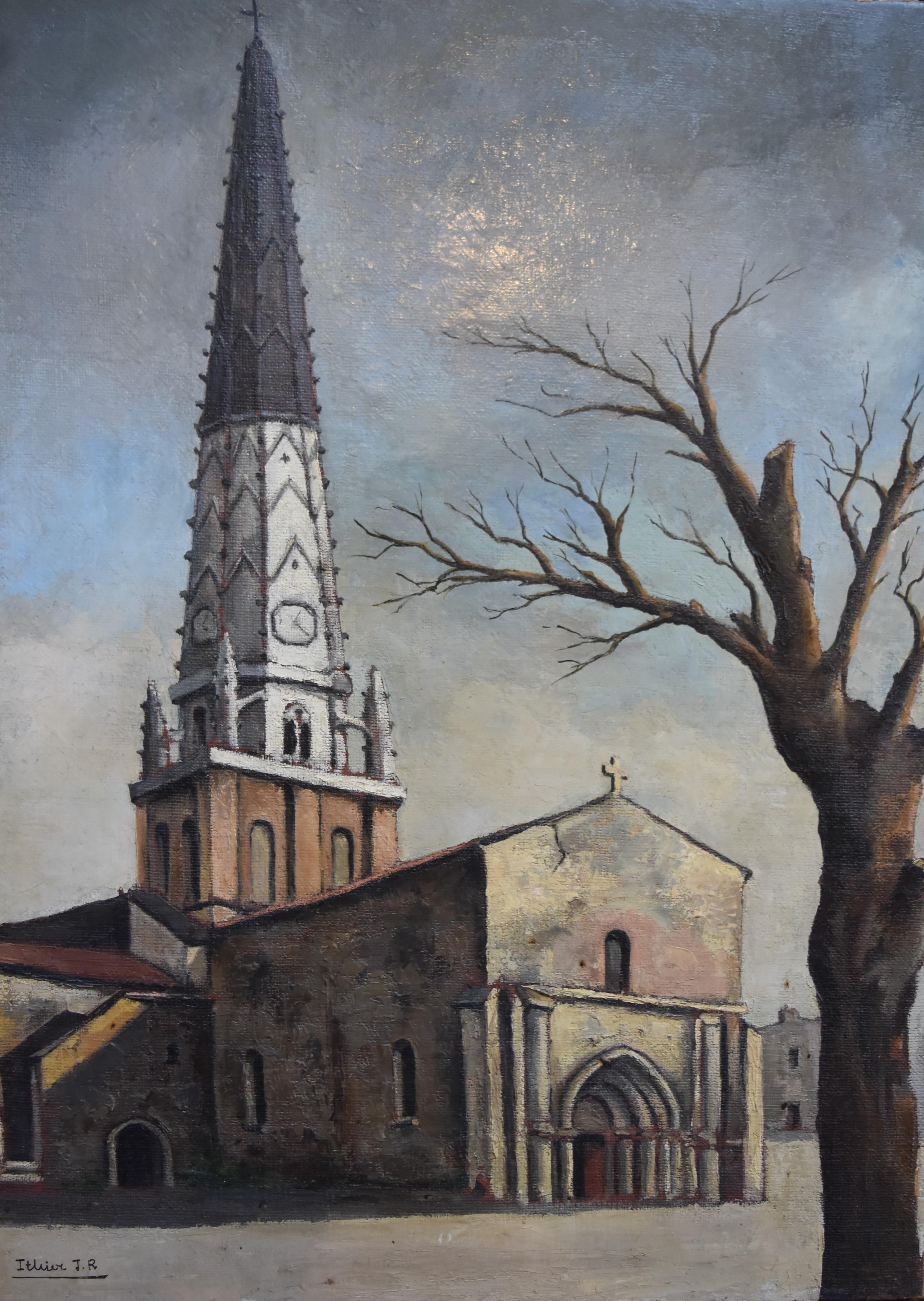 Jean Robert Ithier (1904-1977) Ars en Ré, view of the church, oil on canvas - Gray Figurative Painting by JEAN ROBERT ITHIER 