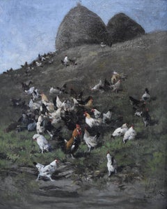 Antique Alexandre Defaux (1826-1900) Hens and roosters in a field, signed, oil on canvas