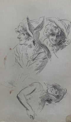 Jules Cheret (1836-1932) Three studies of women, original signed drawing