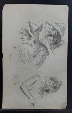 Jules Cheret (1836-1932) Three studies of women, original signed drawing