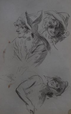 Antique Jules Cheret (1836-1932) Three studies of women, original signed drawing 