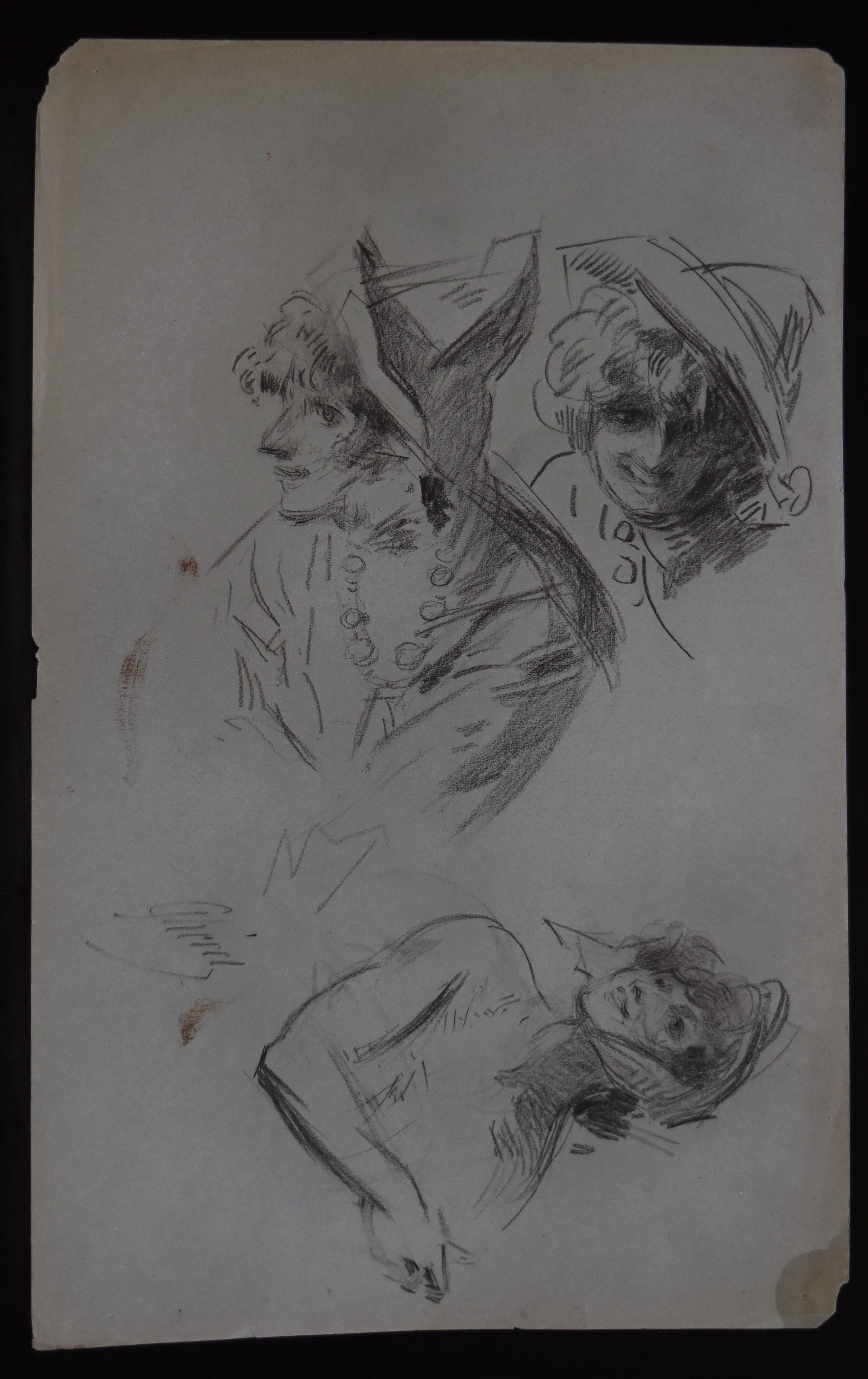 Jules Cheret (1836-1932) Three studies of women, original signed drawing  - Art by Jules Chéret