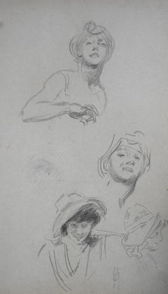 Jules Cheret (1836-1932) Four studies of women, original drawing 