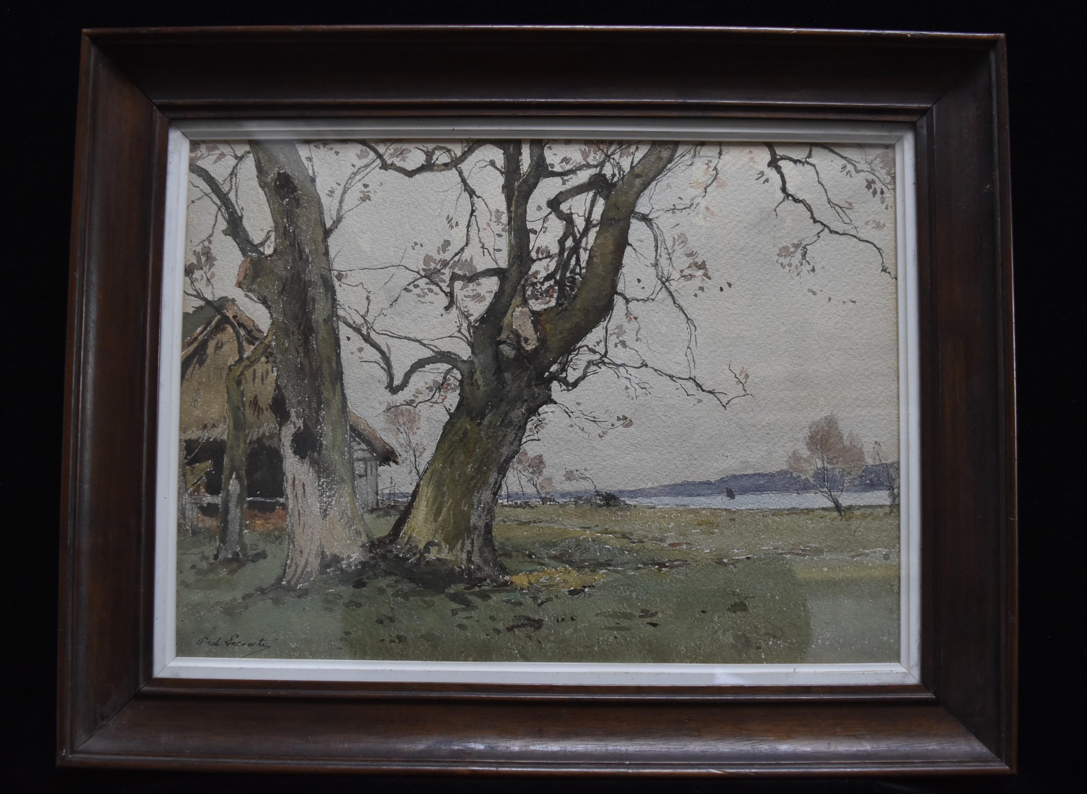 Paul Lecomte (1842-1920)  Two big trees in a field, signed watercolor 2