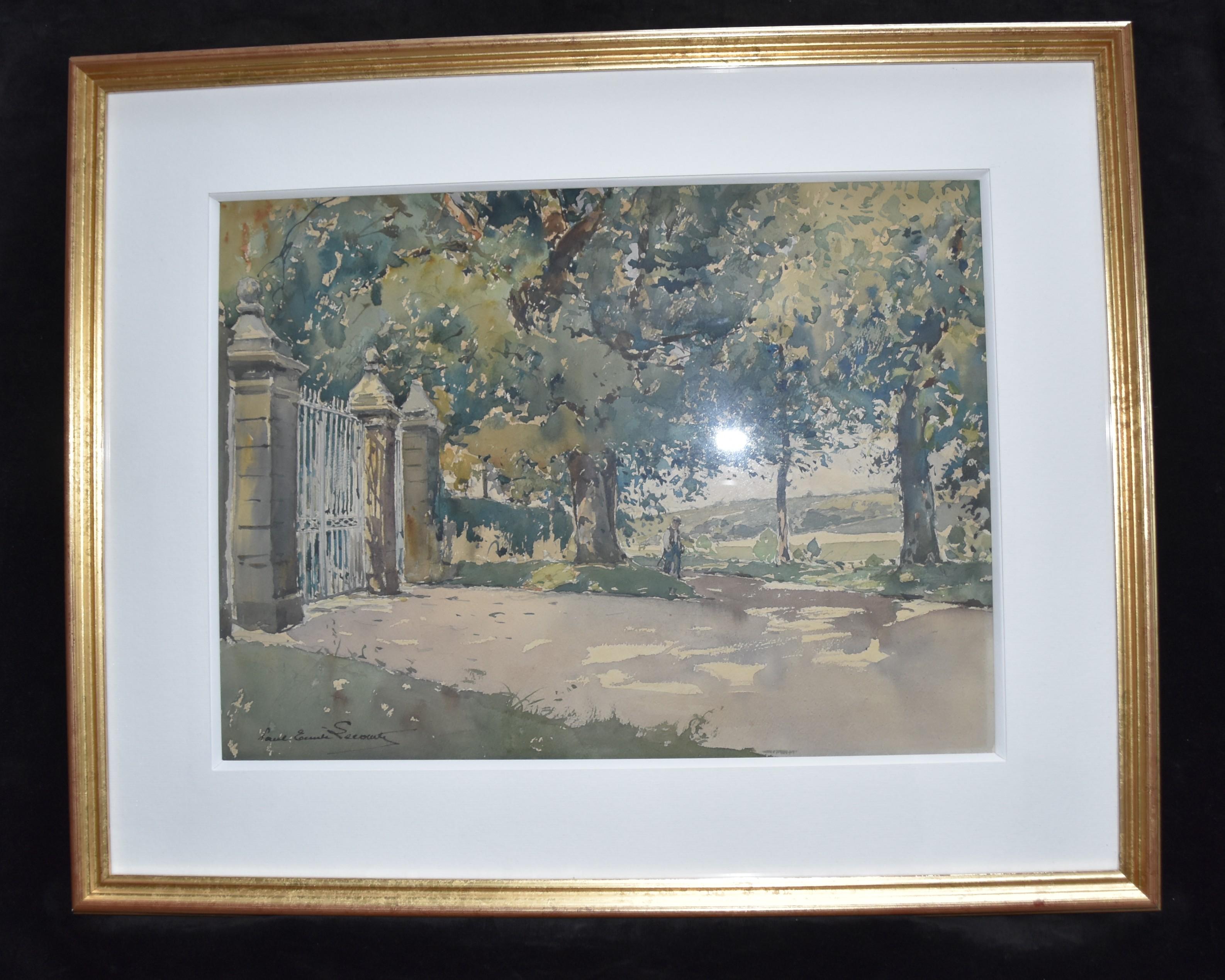 Paul Emile Lecomte (1877-1950)  La Grille (The Gate), signed watercolor   For Sale 3