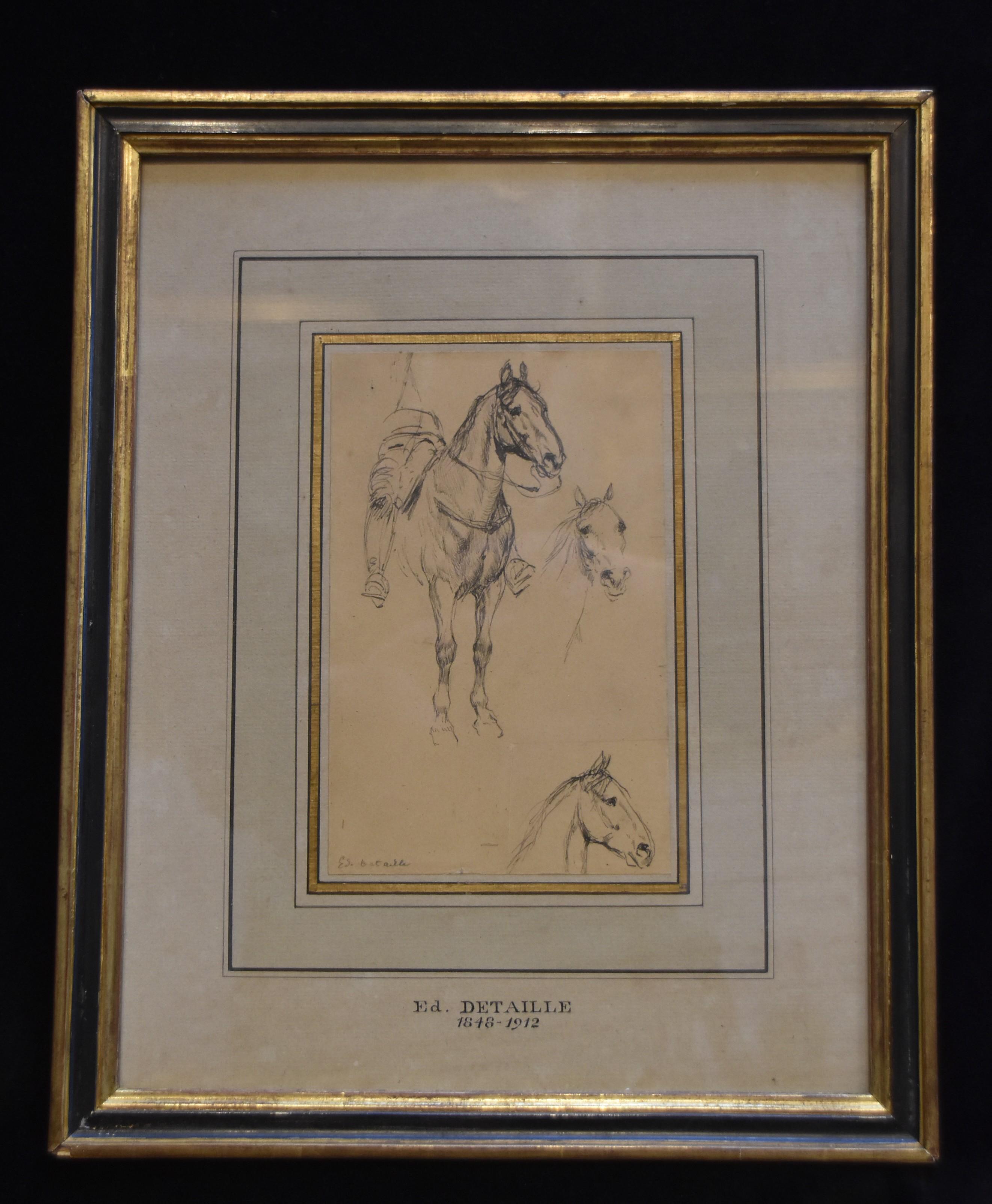 Edouard Detaille (1848 1912), Three studies of horses, original signed Drawing - Art by Jean Baptiste Édouard Detaille