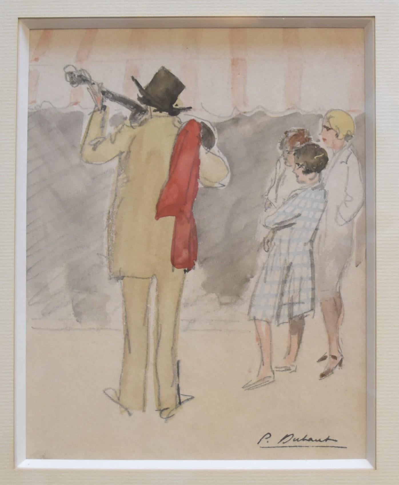 Pierre Olivier DUBAUT (1886-1968)  The street musician, signed watercolor - Art Deco Art by PIERRE OLIVIER DUBAUT 