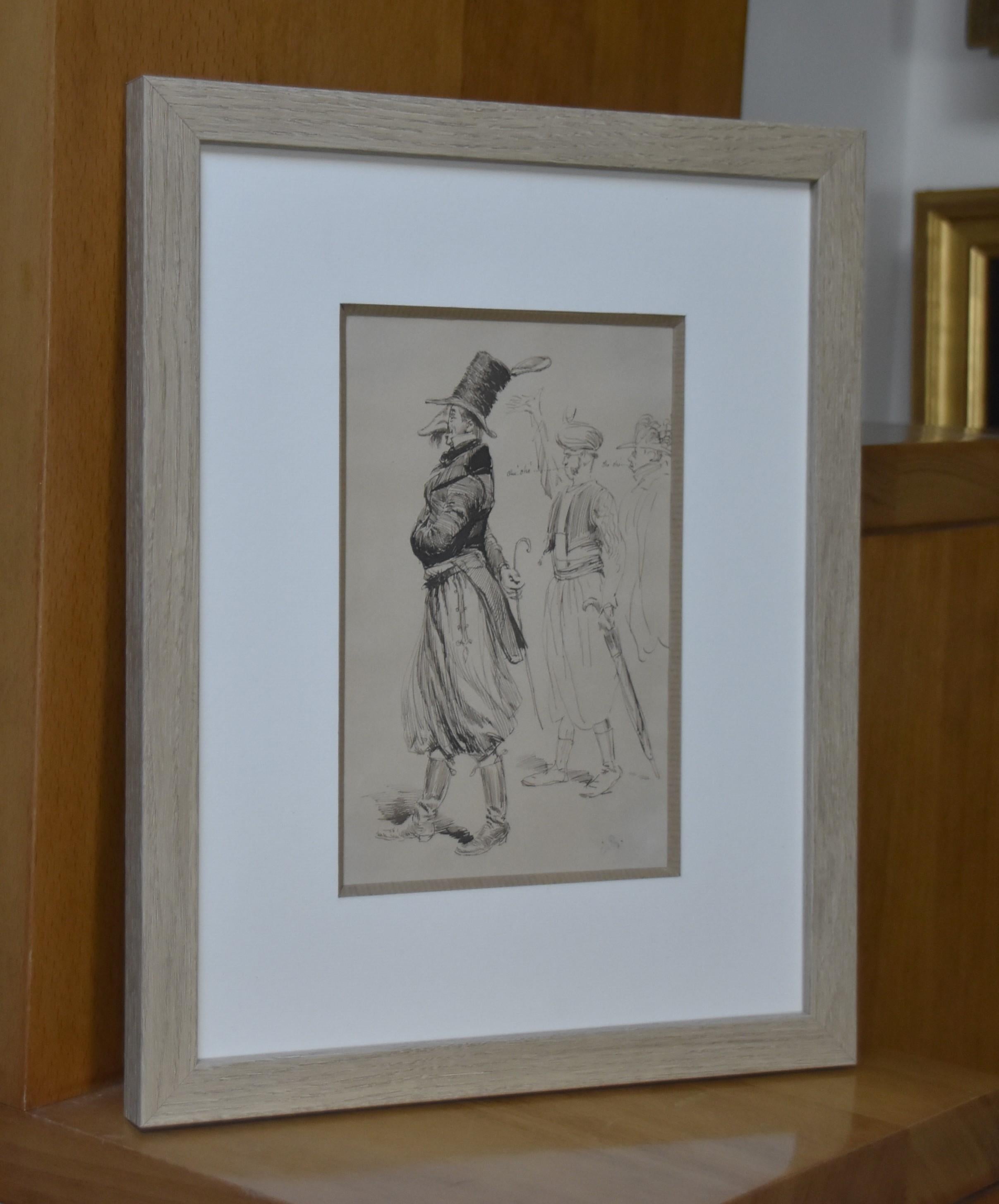 Edouard Detaille (1848-1912)
A Carnival character and a Zouave
19.5 x 12.5 cm 
Pen and ink on paper
Signed lower left with the initials (faded)
In a modern framing  : 35  x 28 cm

 This drawing is very typical of another aspect of Detaille's