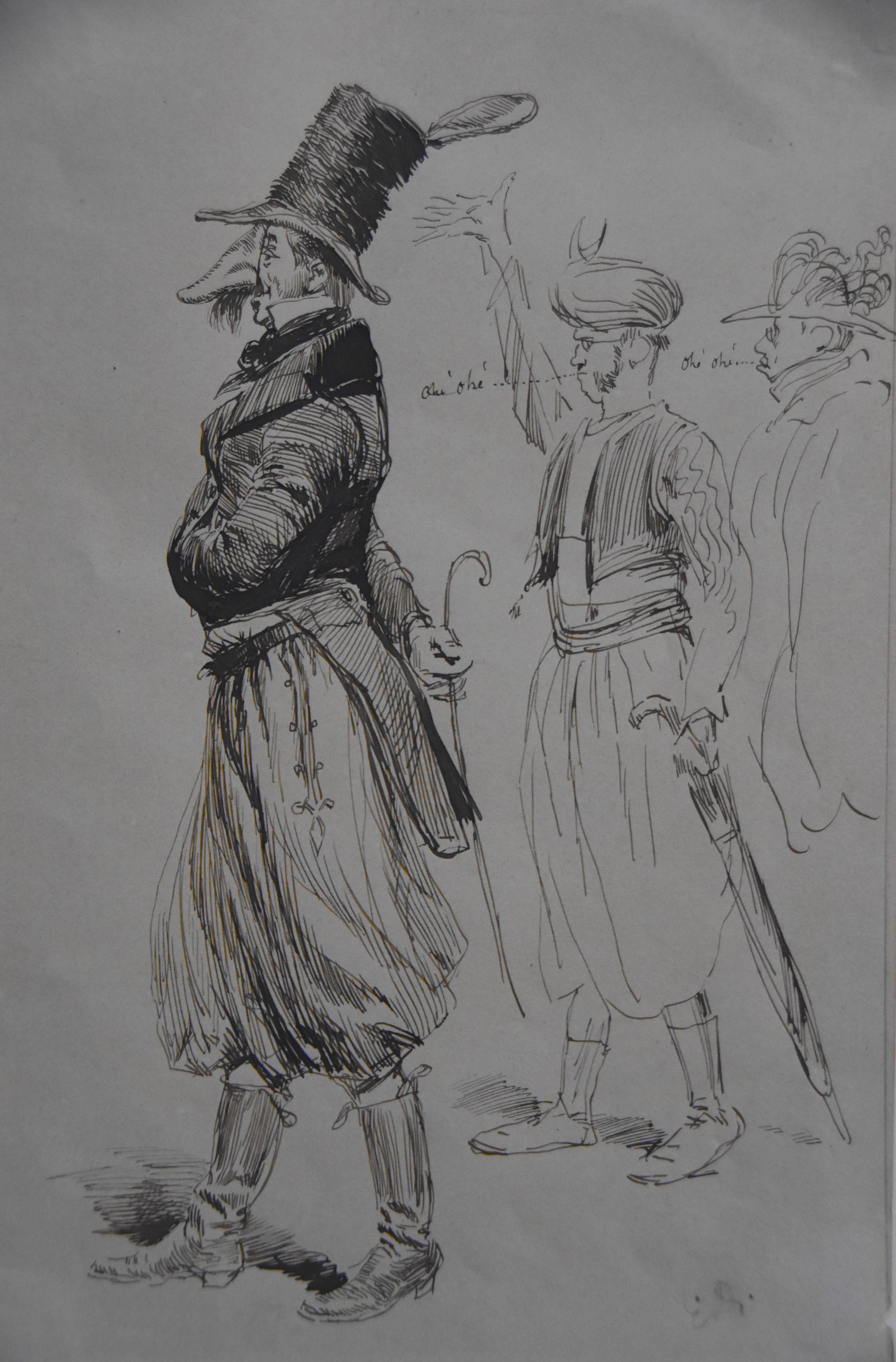 Détails d'Edouard Detaille (1848 1912), caractère de carnaval, dessin original signé