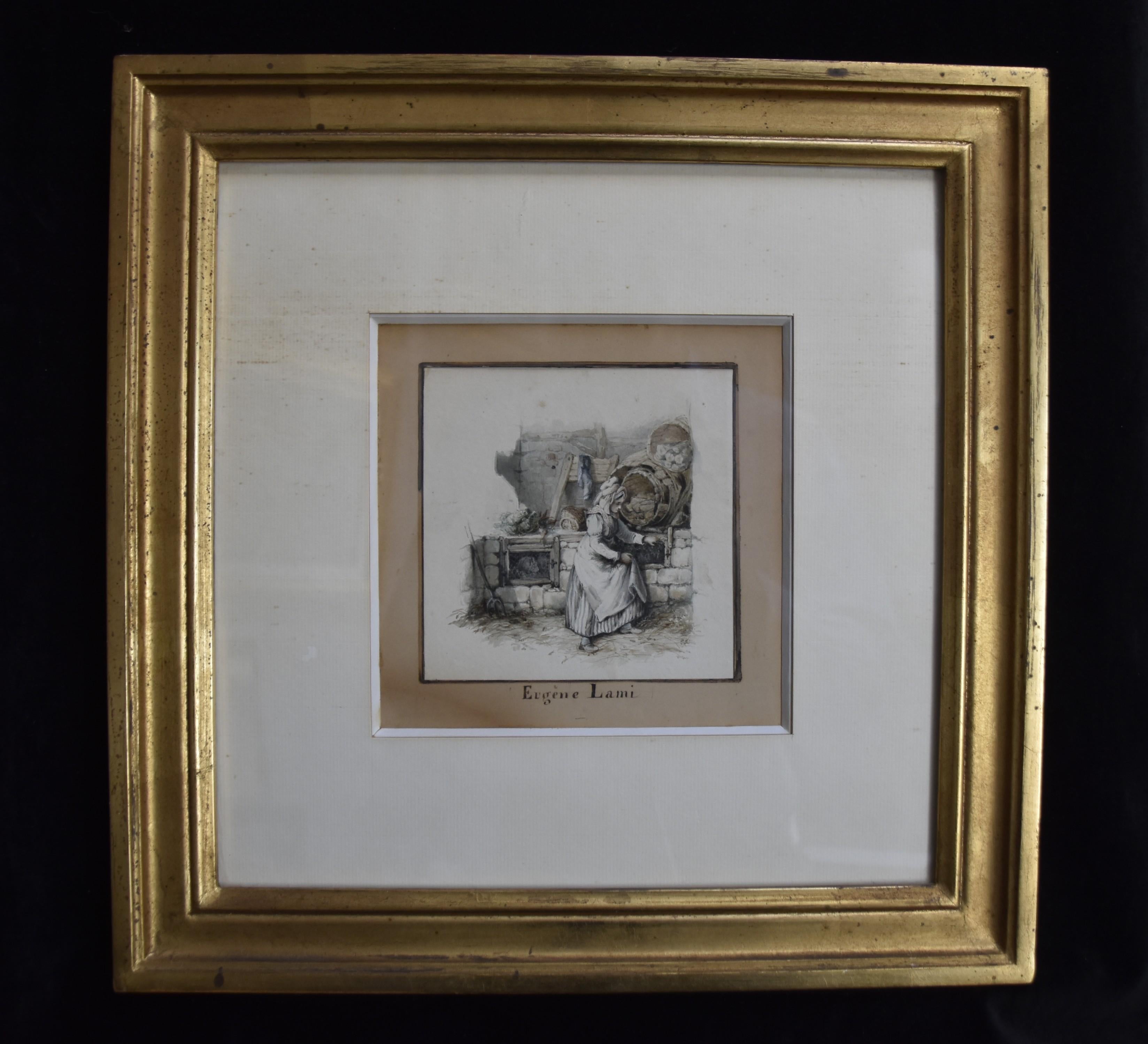 Attributed to Eugène Lami (1800-1890) A Maid feeding rabbits,  Watercolor - Academic Art by Eugene Louis Lami